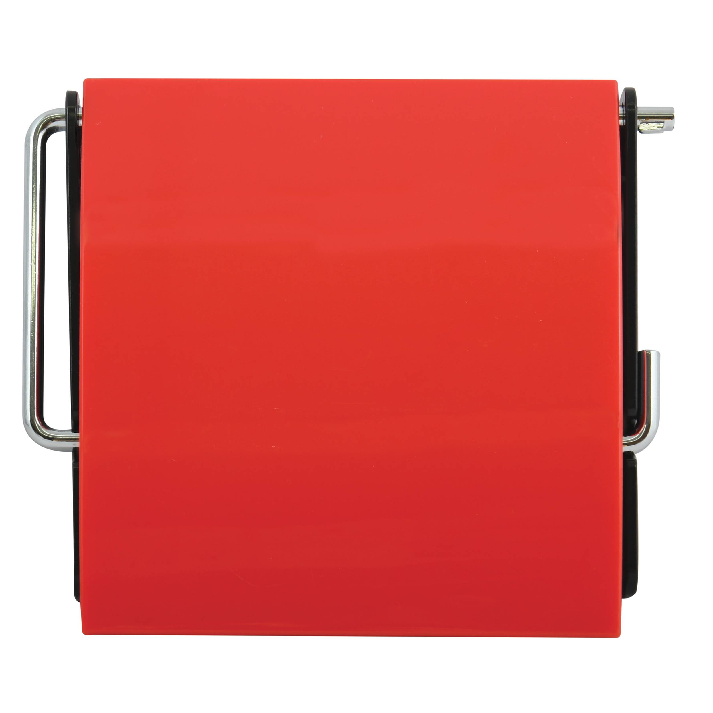 Rotes quadratisches wandmontiertes Schalt- oder Verriegelungsgerät mit verchromten Seitengriffen und kleinem Hebel auf der rechten Seite, gezeigt auf weißem Hintergrund.
