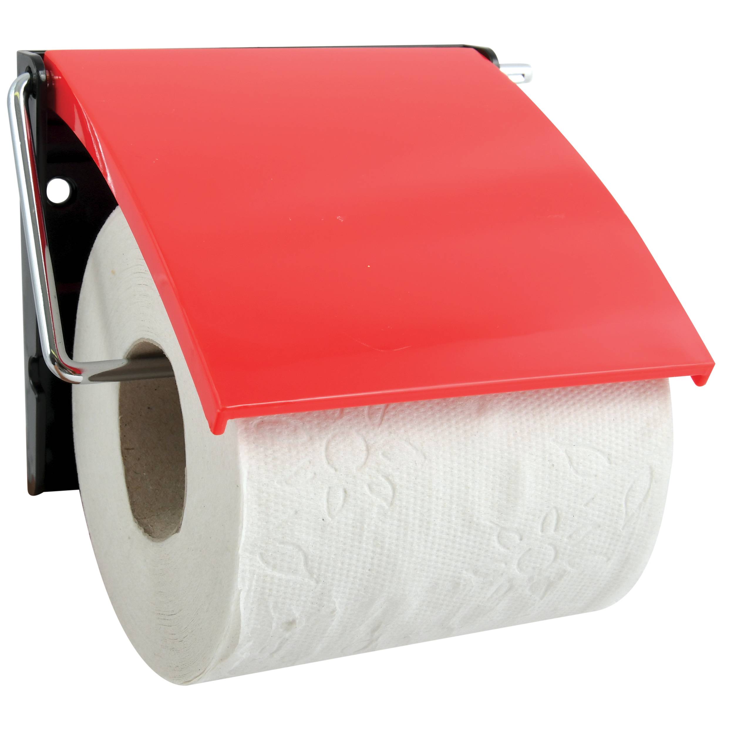 Wandmontierter Toilettenpapierhalter mit einer teilweise benutzten Rolle und roter Abdeckung.
