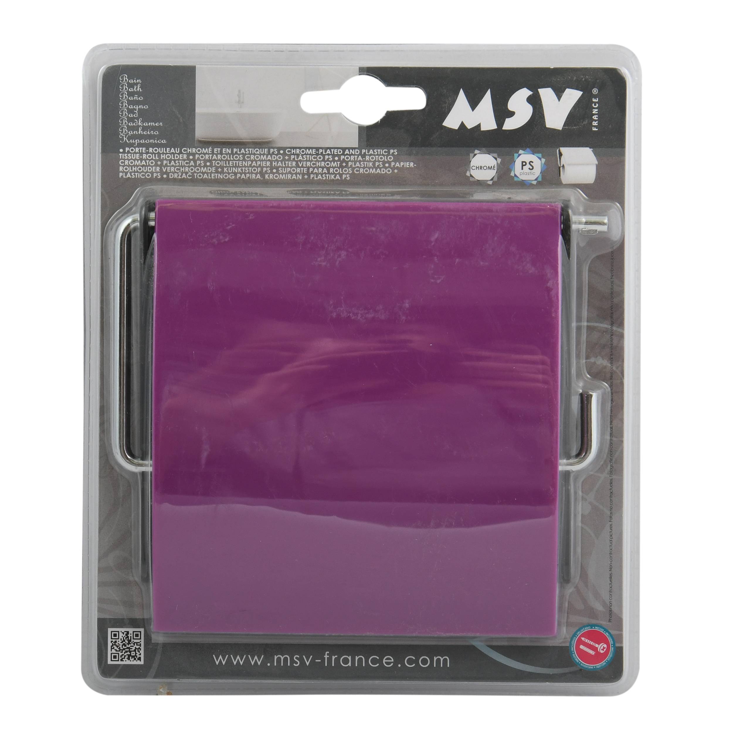 Verpackter violetter Kunststoffordner oder Koffer in klarer Einzelhandels-Blisterverpackung mit MSV-Etikett.