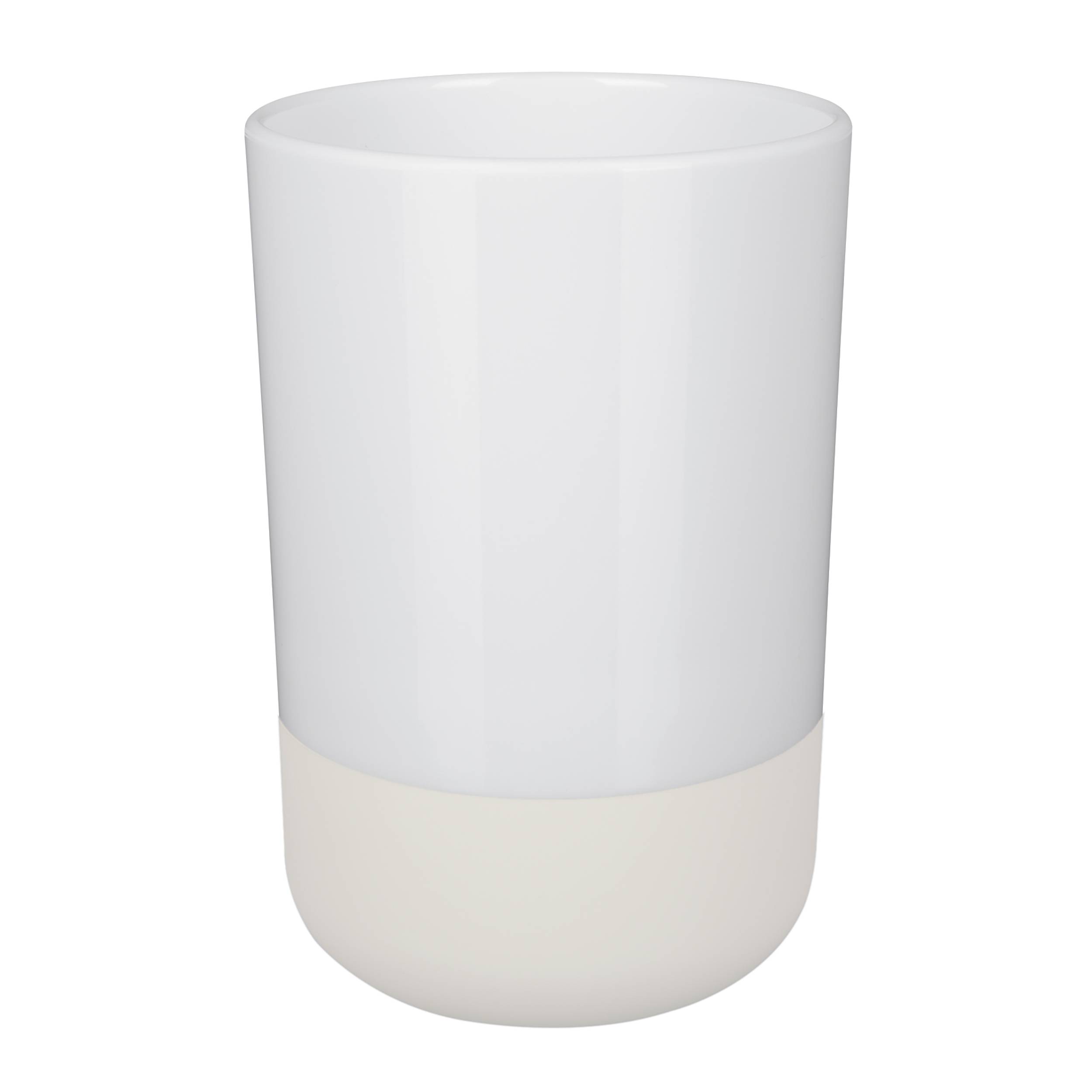 Weißer zylindrischer Becher oder Tumbler mit mattiertem unteren Bereich, isoliert auf weißem Hintergrund.