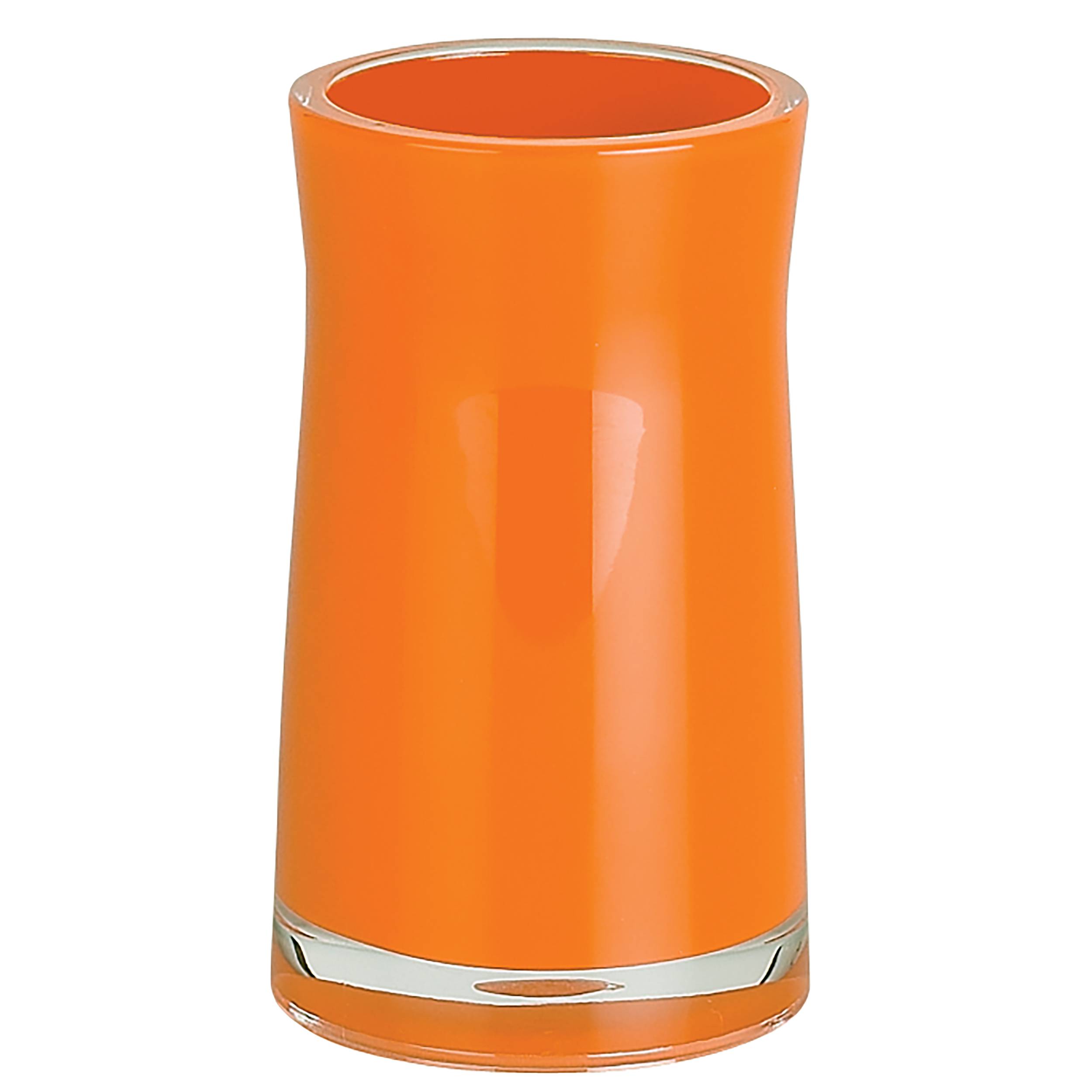 Ein orangefarbener, durchscheinender Kunststoffbecher oder Trinkbecher mit ausgestellter Oberseite und transparentem Boden auf weißem Hintergrund.