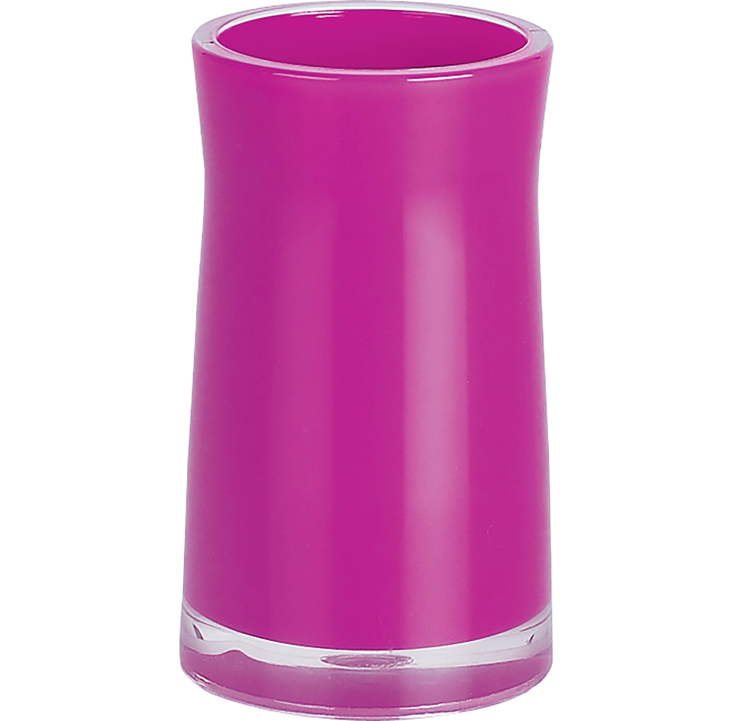 Rosa durchscheinender Plastikbecher mit transparenter Basis auf weißem Hintergrund.