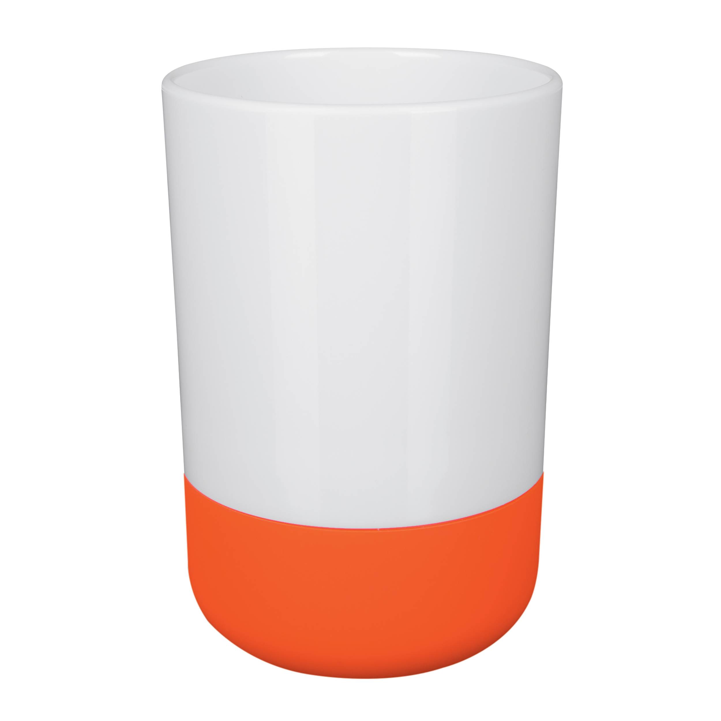 Weiße zylindrische Tasse oder Behälter mit helloranger abgerundeter Basis, auf einfachem Hintergrund abgebildet.