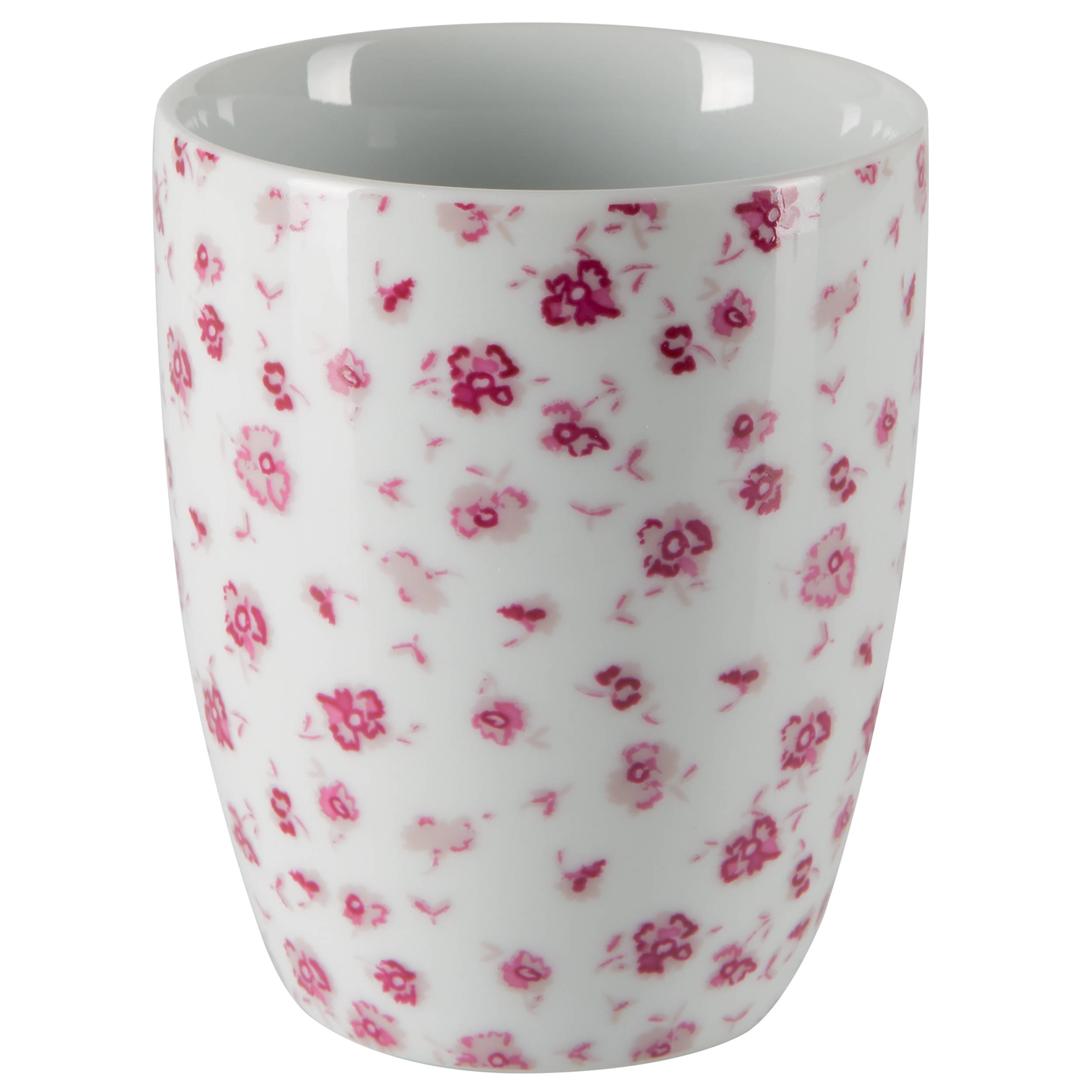 Weißer Keramikbecher mit rosa Blumenmuster, vor neutralem Hintergrund dargestellt.