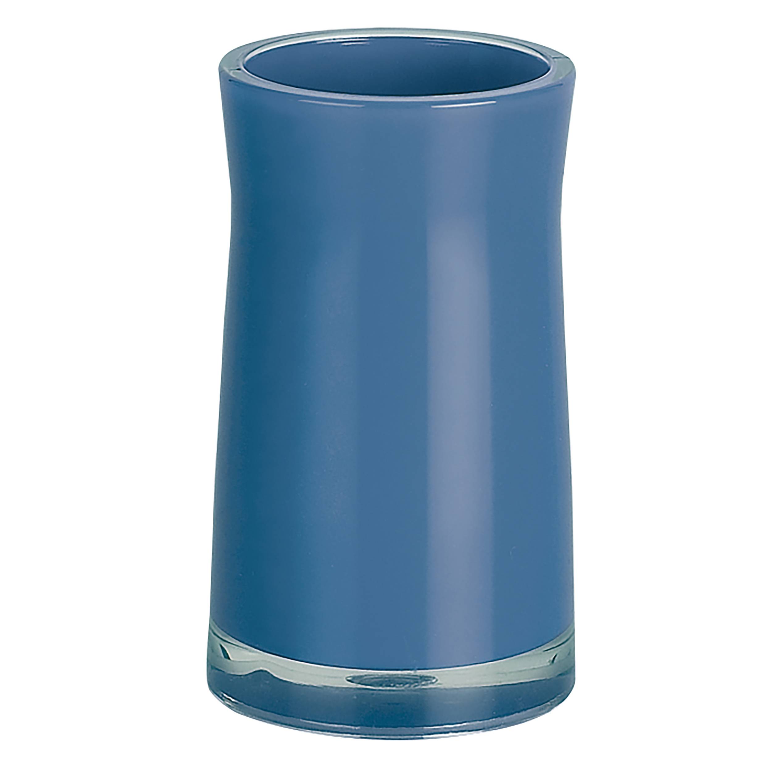 Blaue zylindrische Glasvase mit ausgestelltem Rand, auf weißem Hintergrund dargestellt.