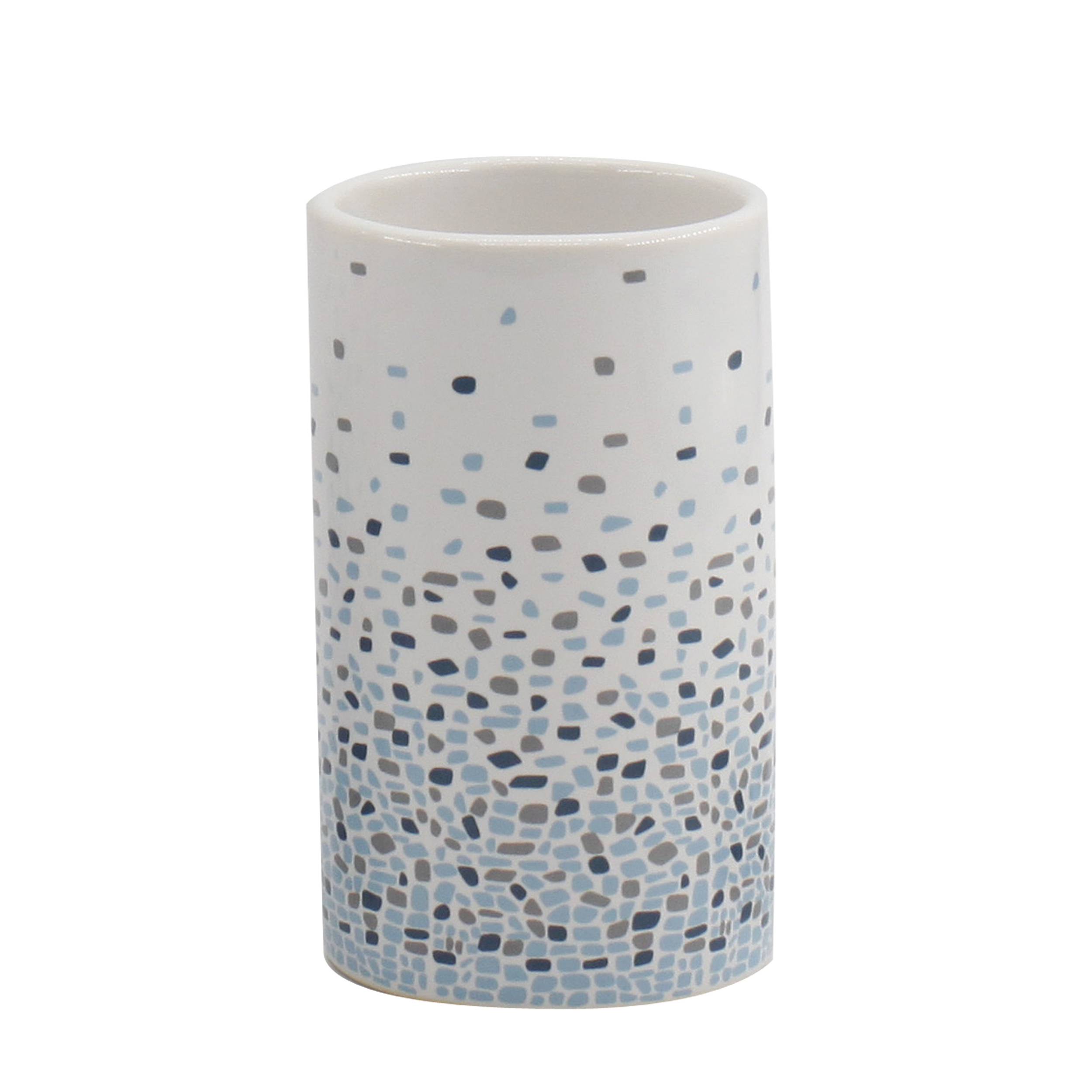 Weiße keramische zylindrische Vase mit verstreuten blau und grau gesprenkeltem Muster, das zum Boden hin dichter wird.