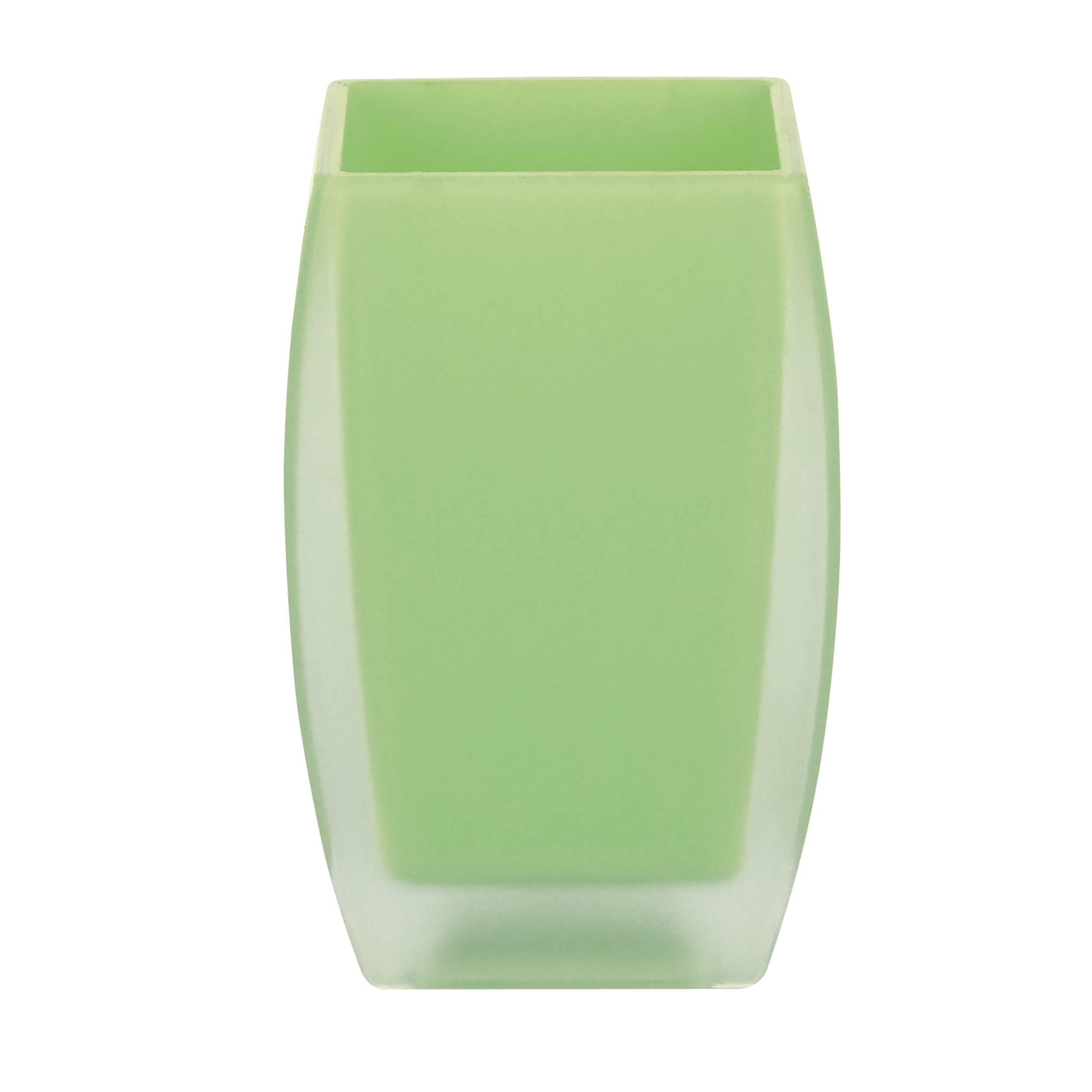Durchsichtiger hellgrüner Kunststoffabfallbehälter mit rechteckiger Öffnung, auf weißem Hintergrund dargestellt.