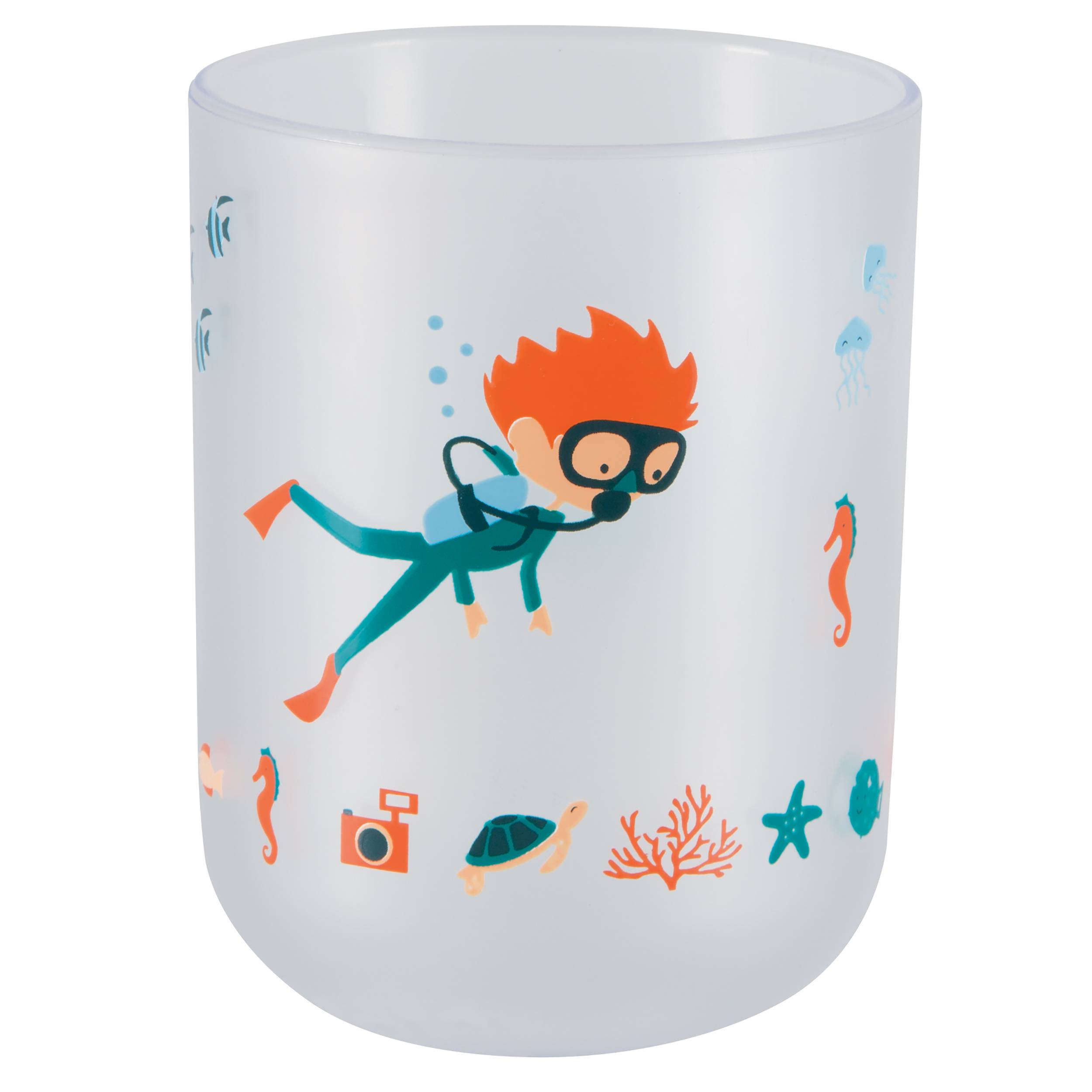 Gefrosteter Kunststoffbecher mit einer Cartoon-Taucherin und kleinen meeresthematischen Meeresbewohnern am unteren Rand.