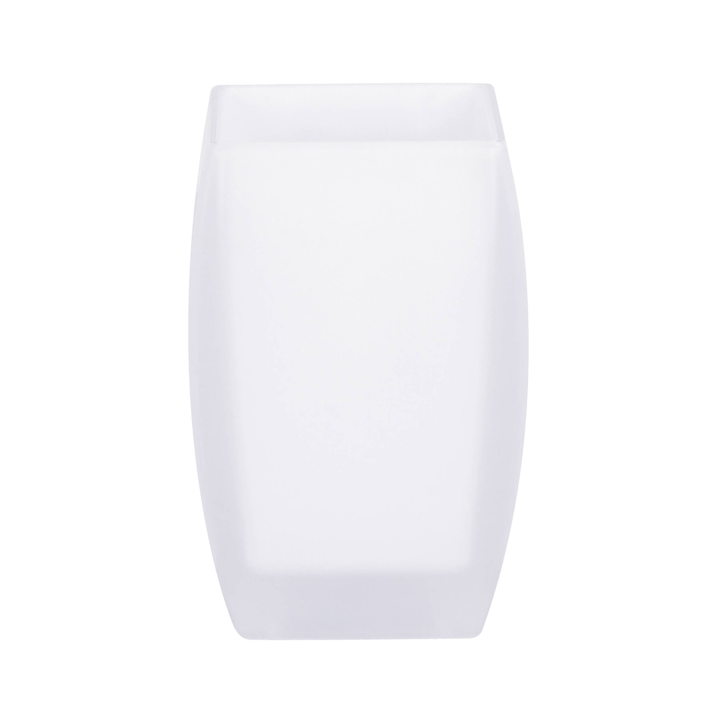 Mattiertes durchsichtiges zylindrisches Glas oder Becher, leer, zentriert auf weißem Hintergrund.