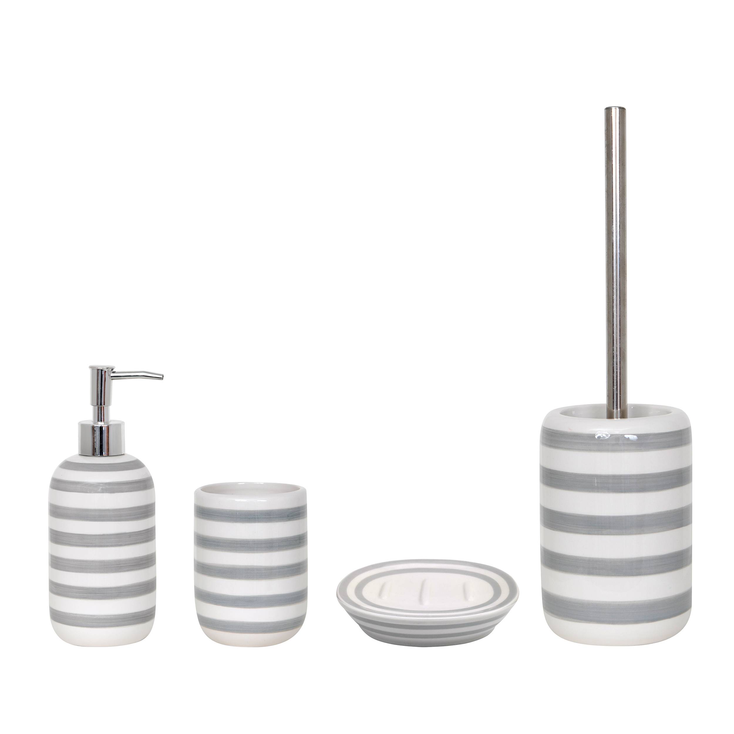 Vierteiliges Badezimmeraccessoire-Set mit grau-weißen Streifen: Seifenspender, Zahnputzbecher, Seifenschale und Toilettenbürsten-Halter.