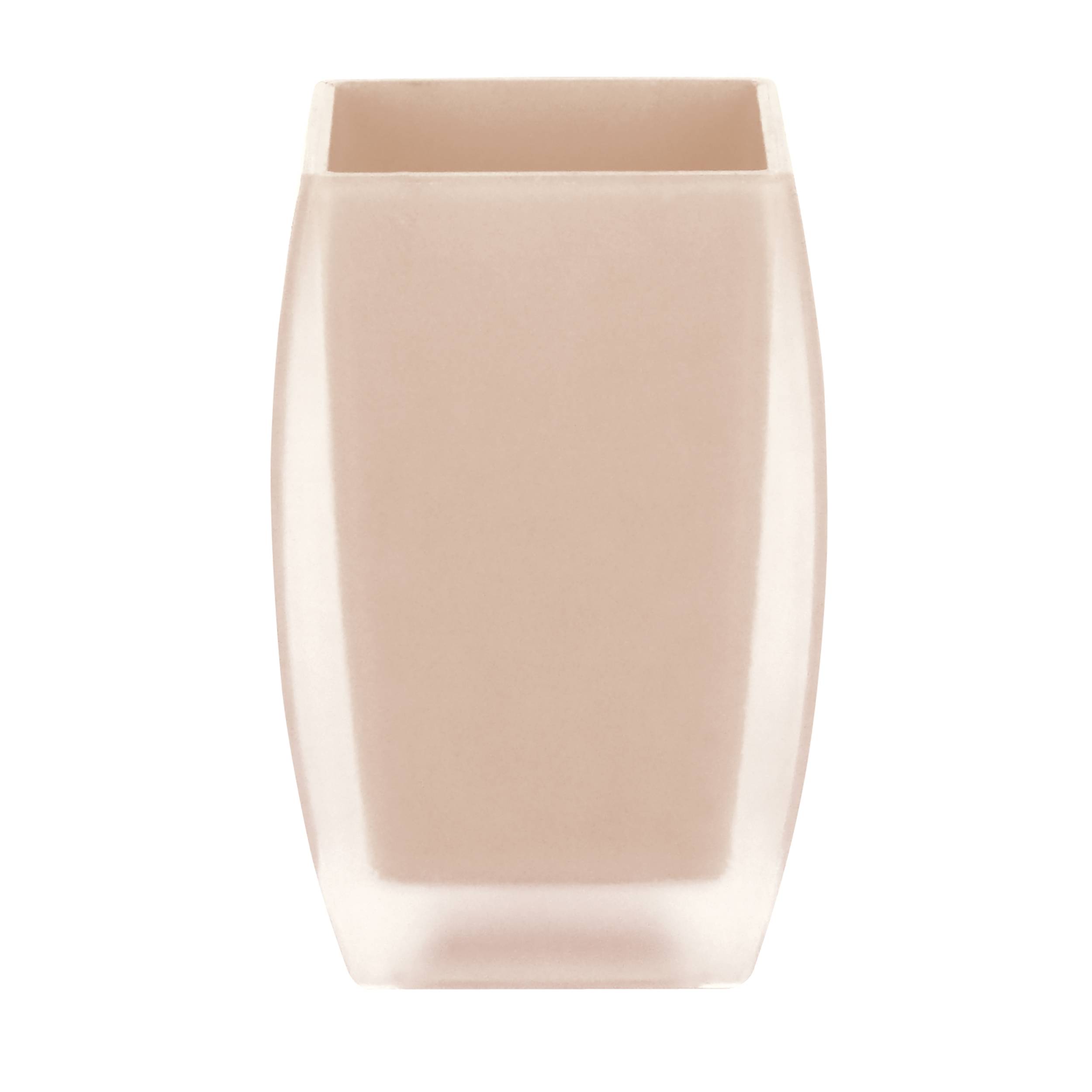 Durchscheinende mattierte beige zylindrische Flasche oder Vase mit offener Oberseite, zentriert auf weißem Hintergrund dargestellt.