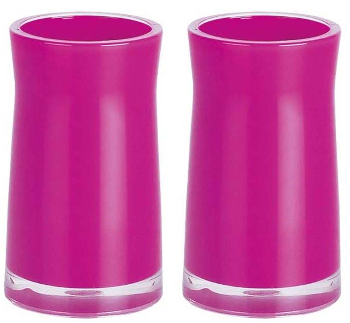 Paar glänzender rosa zylindrischer Trinkgläser oder Vasen mit leicht verjüngten Seiten auf weißem Hintergrund.
