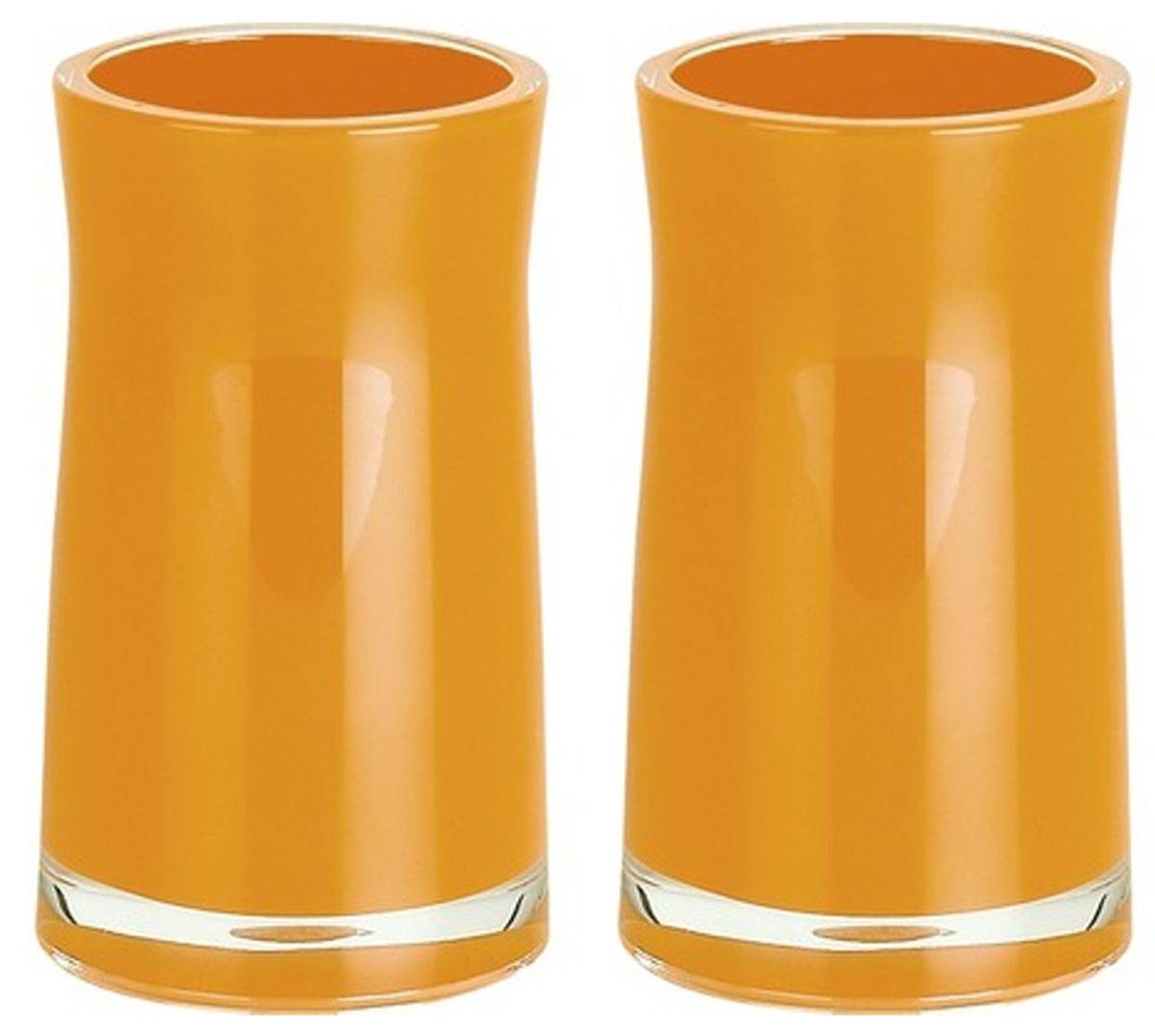 Zwei orange zylindrische Trinkgläser mit durchsichtigen Glasböden nebeneinander auf weißem Hintergrund dargestellt.