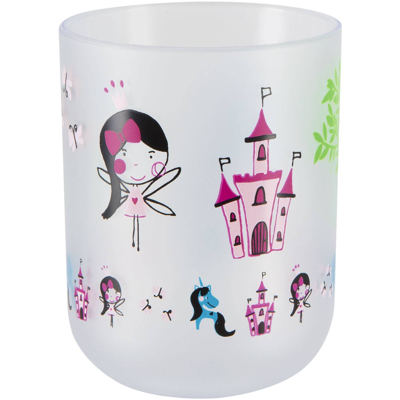 Eine mattierte weiße Tasse, die mit Cartoon-Feen und rosa Schlössern verziert ist und eine große Fee sowie ein Schloss auf der Vorderseite zeigt.