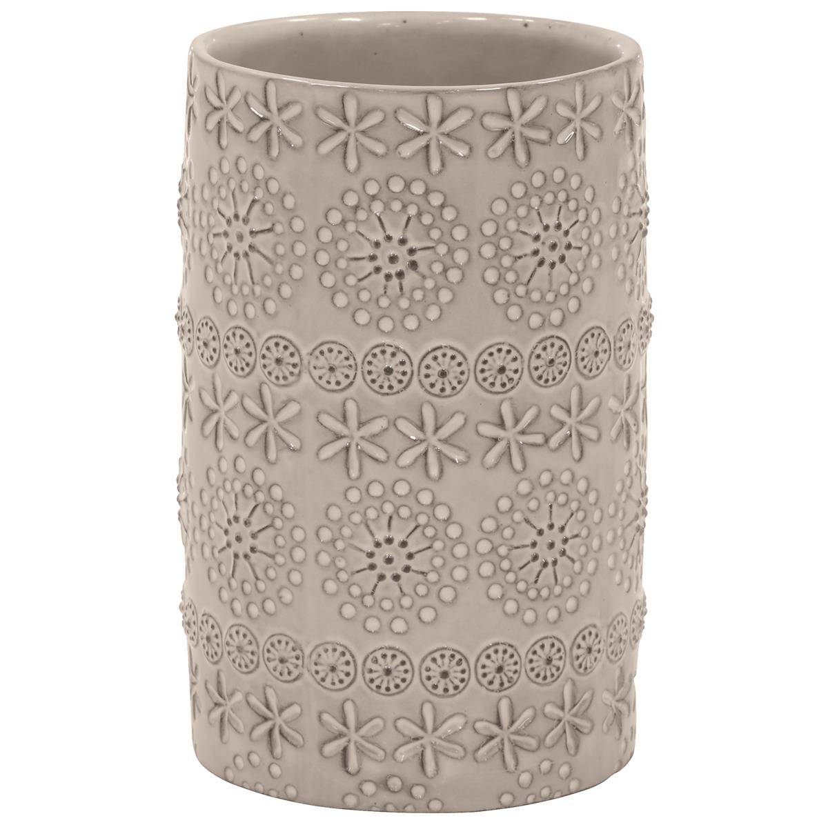 Beige zylindrische Keramikvase mit erhabenen Blüten- und Punktmustern.