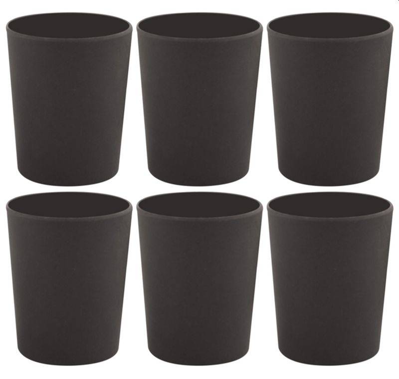 Sechs matte schwarze konische Becher in zwei Reihen zu je drei auf weißem Hintergrund angeordnet.
