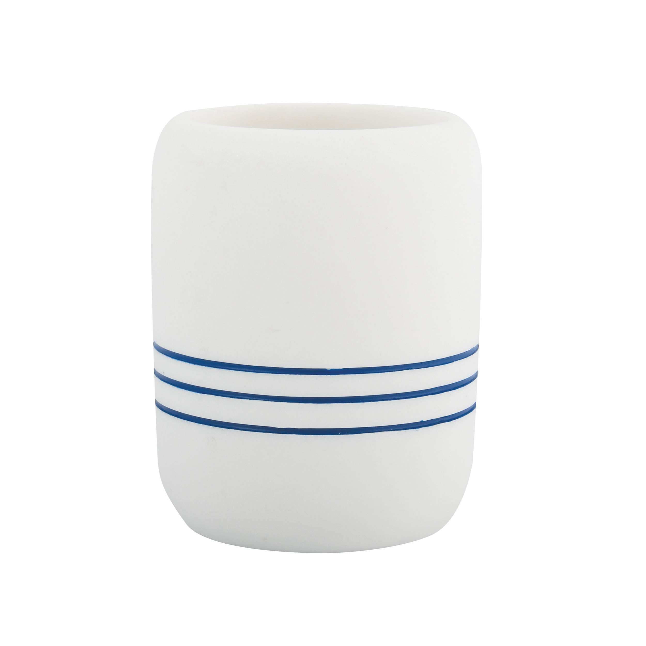 Weißer zylindrischer Becher oder Trinkbecher mit drei dünnen blauen horizontalen Streifen nahe dem unteren Rand, isoliert auf weißem Hintergrund.