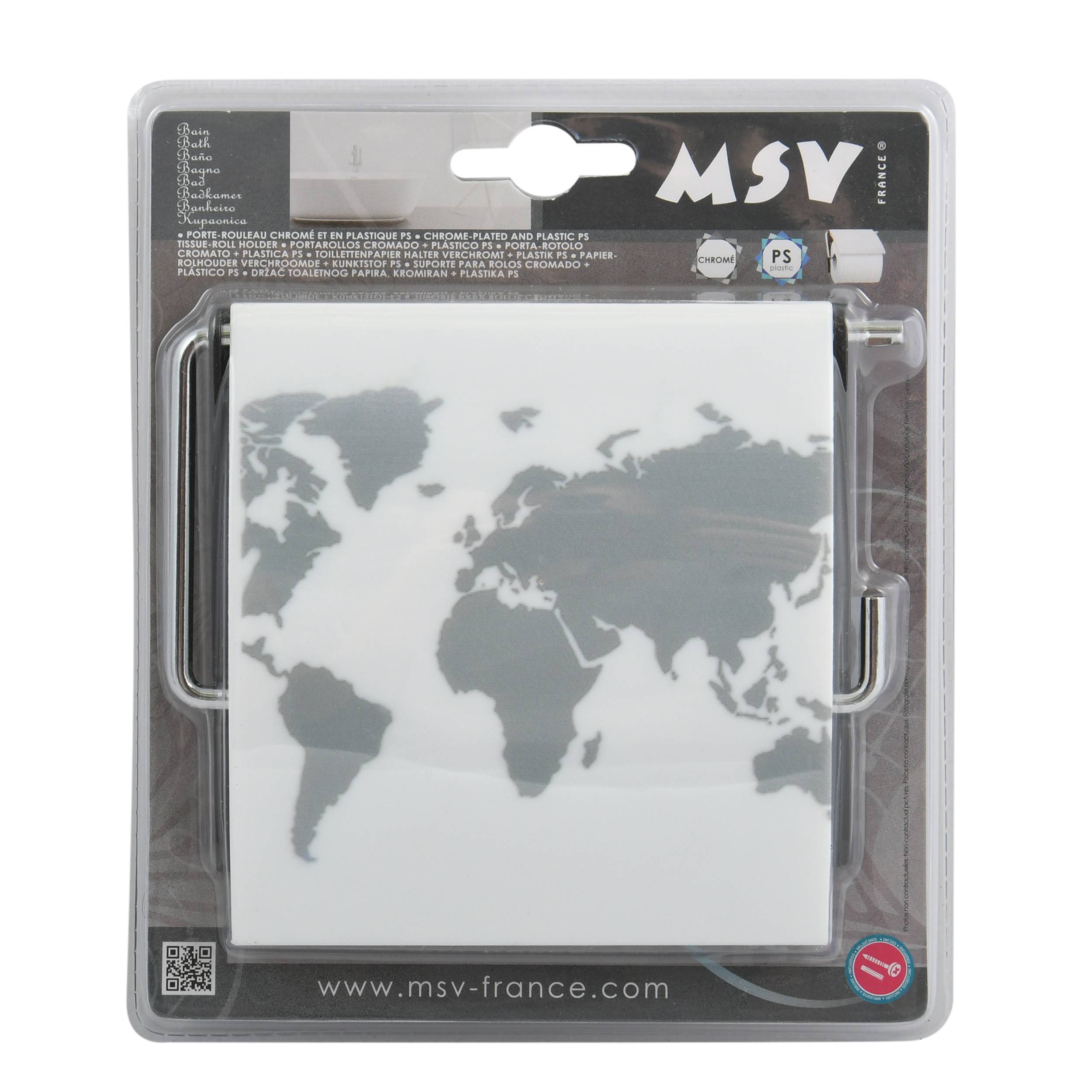 Verpackter MSV-Wandhaken oder -halter mit einem weißen Panel, auf dem eine graue Weltkarte gedruckt ist, in durchsichtiger Einzelhandelsverpackung aus Kunststoff.