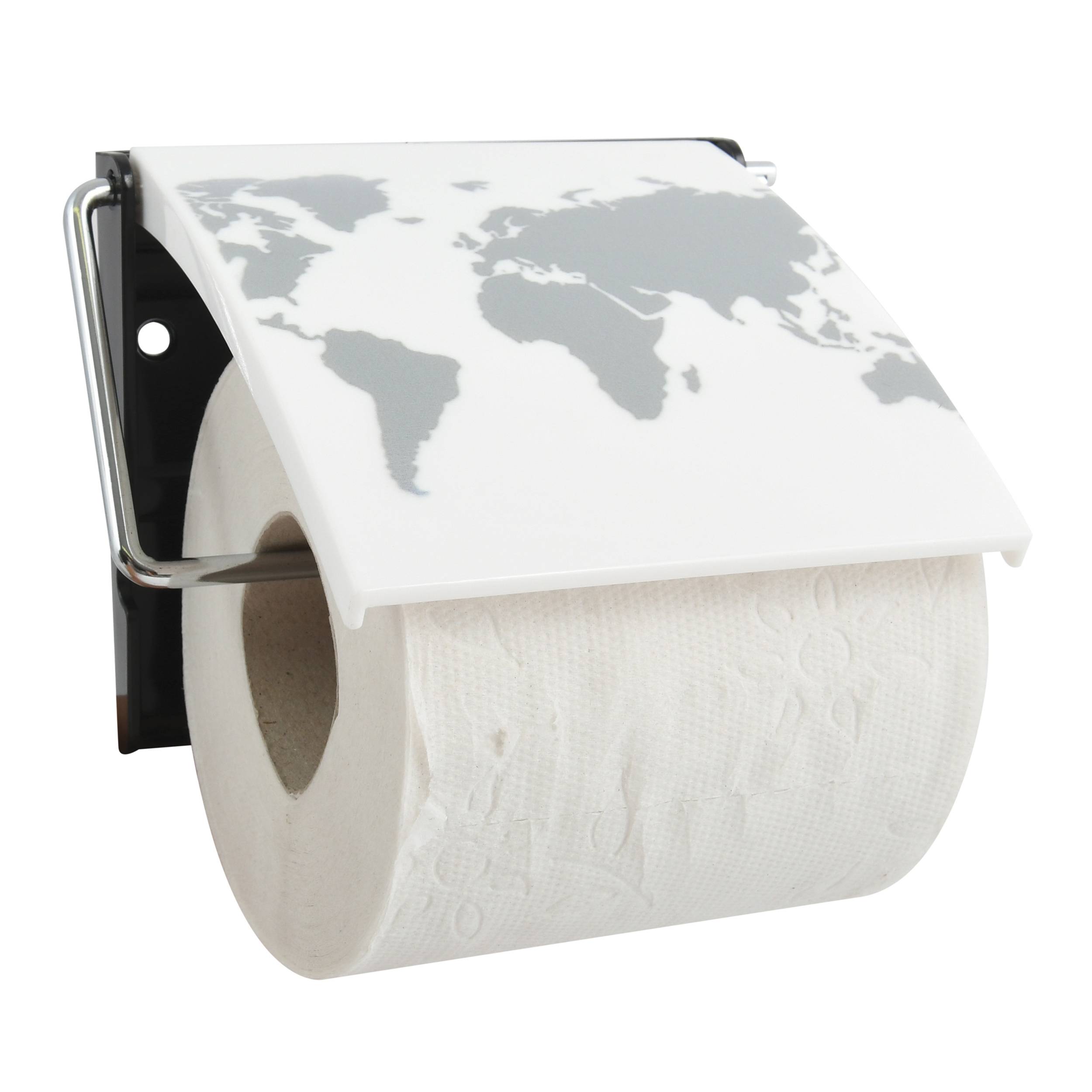 Wandmontierter Toilettenpapierhalter mit einer Rolle und einer Abdeckung mit gedruckter Weltkarte.