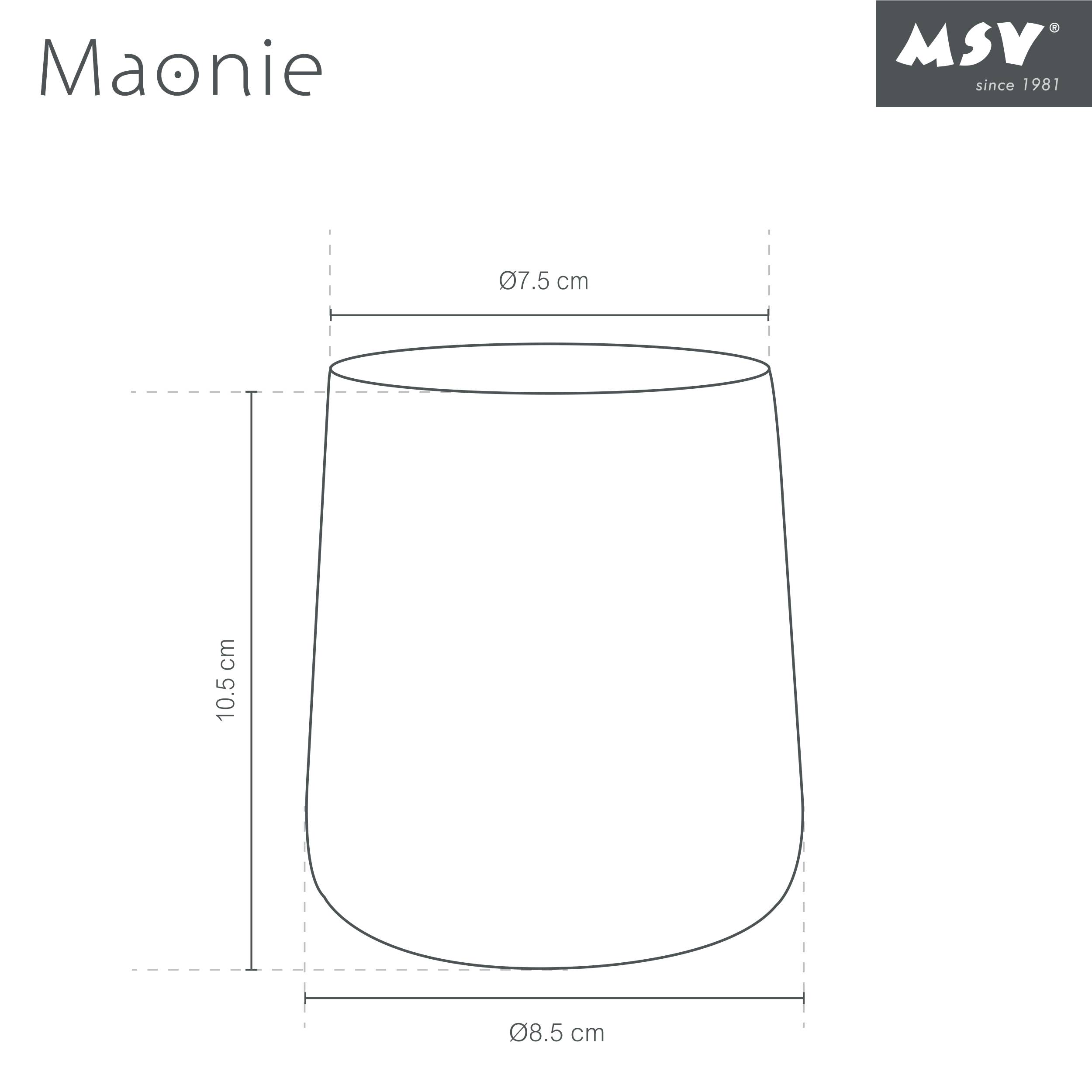 Strichzeichnung eines konisch zulaufenden Bechers oder einer Vase mit der Bezeichnung Maonie, mit Abmessungen: 10,5 cm Höhe, 7,5 cm oberer Durchmesser, 8,5 cm unterer Durchmesser.