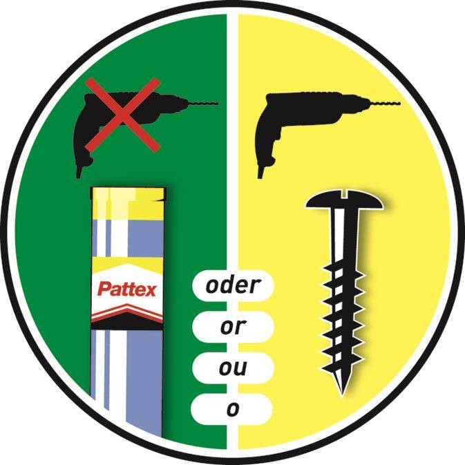 Zirkuläres Sicherheitszeichen mit Leim auf der linken Seite und einem Nagel auf der rechten Seite, mit einem durchgestrichenen Bohrer und dem Wort „oder/oder/ou/o", das alternative Befestigungsmethoden anzeigt.