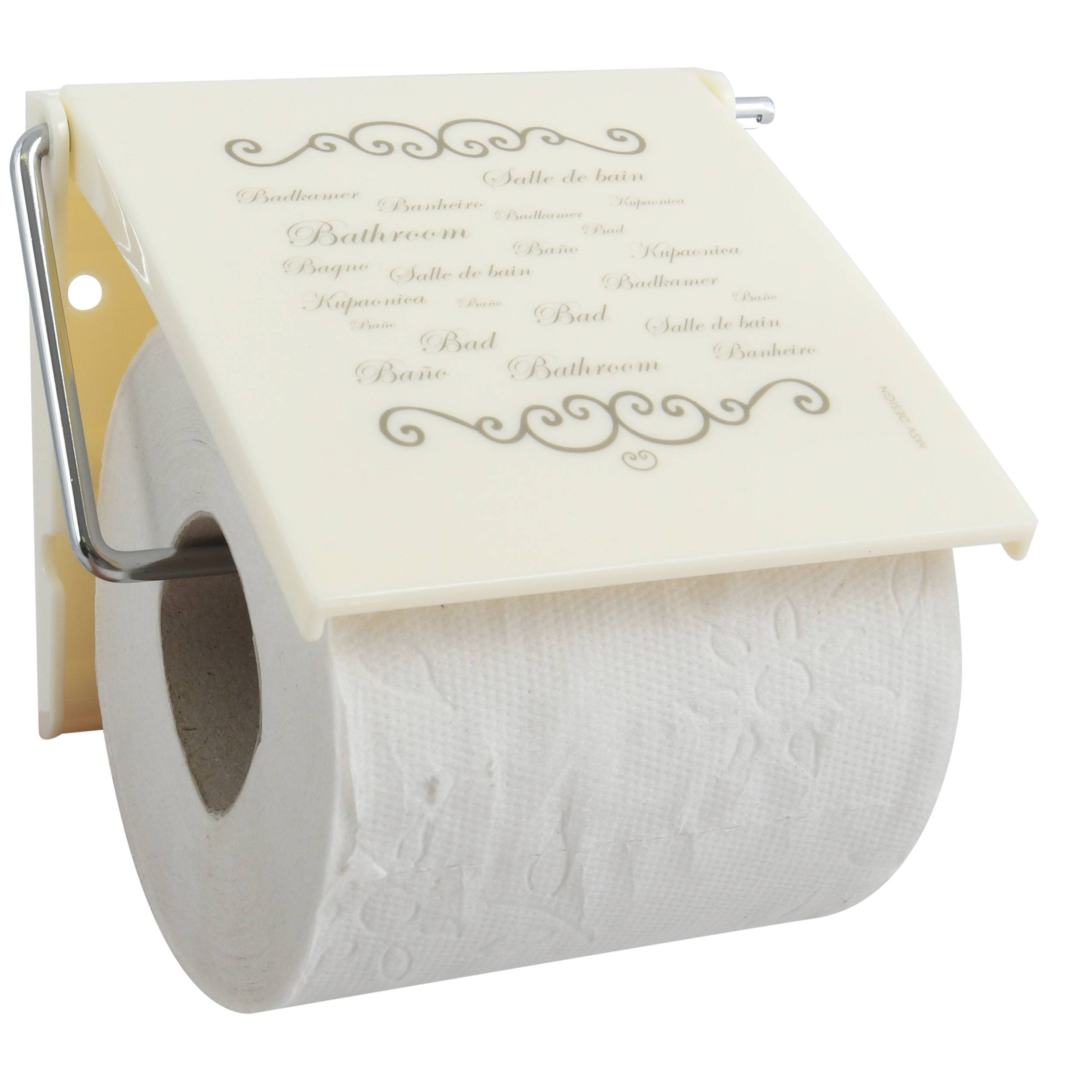 Wandmontierter Toilettenpapierhalter mit einer Rolle und cremefarbenem dekorativem Überzug, bedruckt mit badezimmerbezogenen Wörtern.