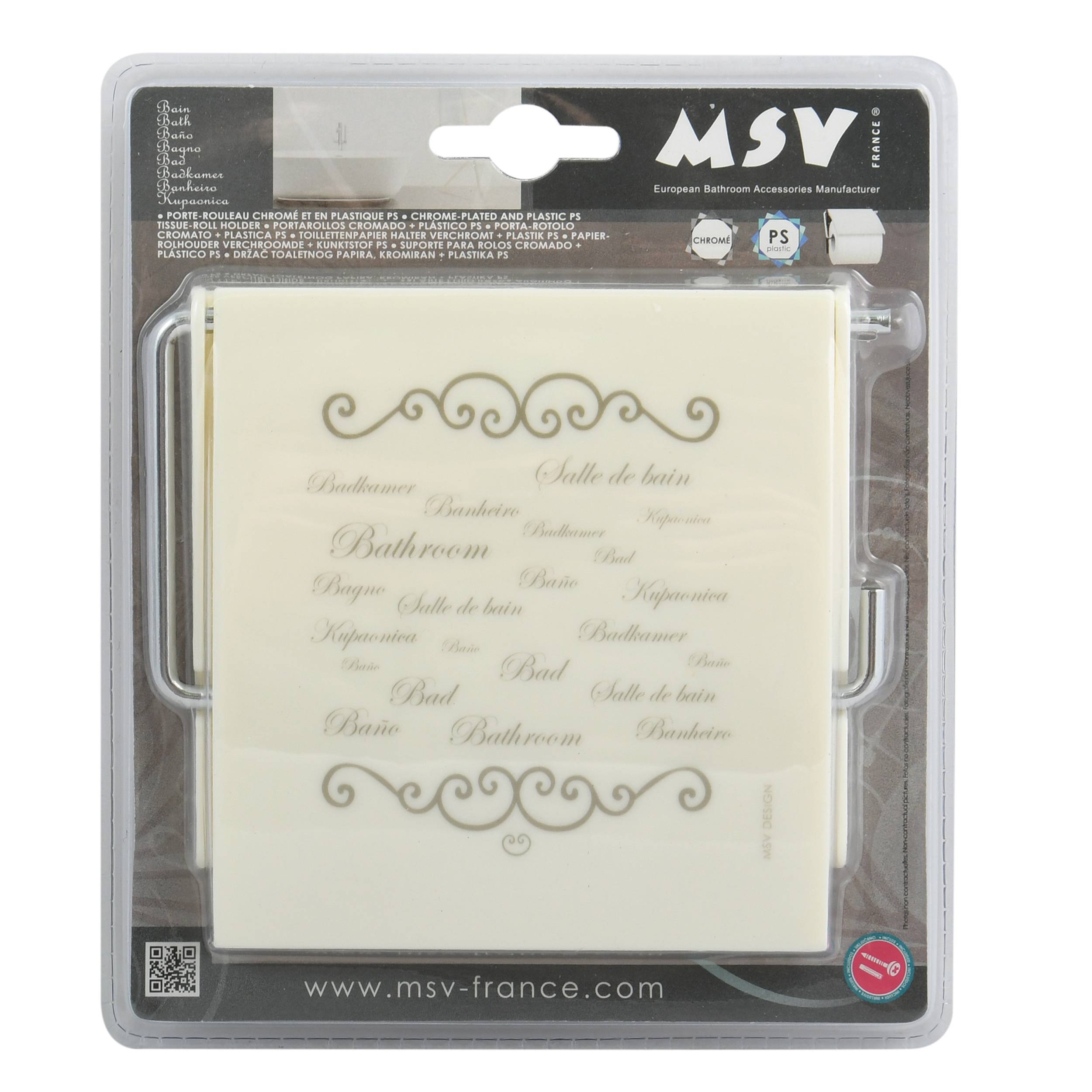 Verpackte dekorative Badezimmer-Wandschablone mit Scroll-Designs und zarter Wortkunst, gezeigt in durchsichtigem Einzelhandelstransparent gekennzeichnet mit "MSV"".