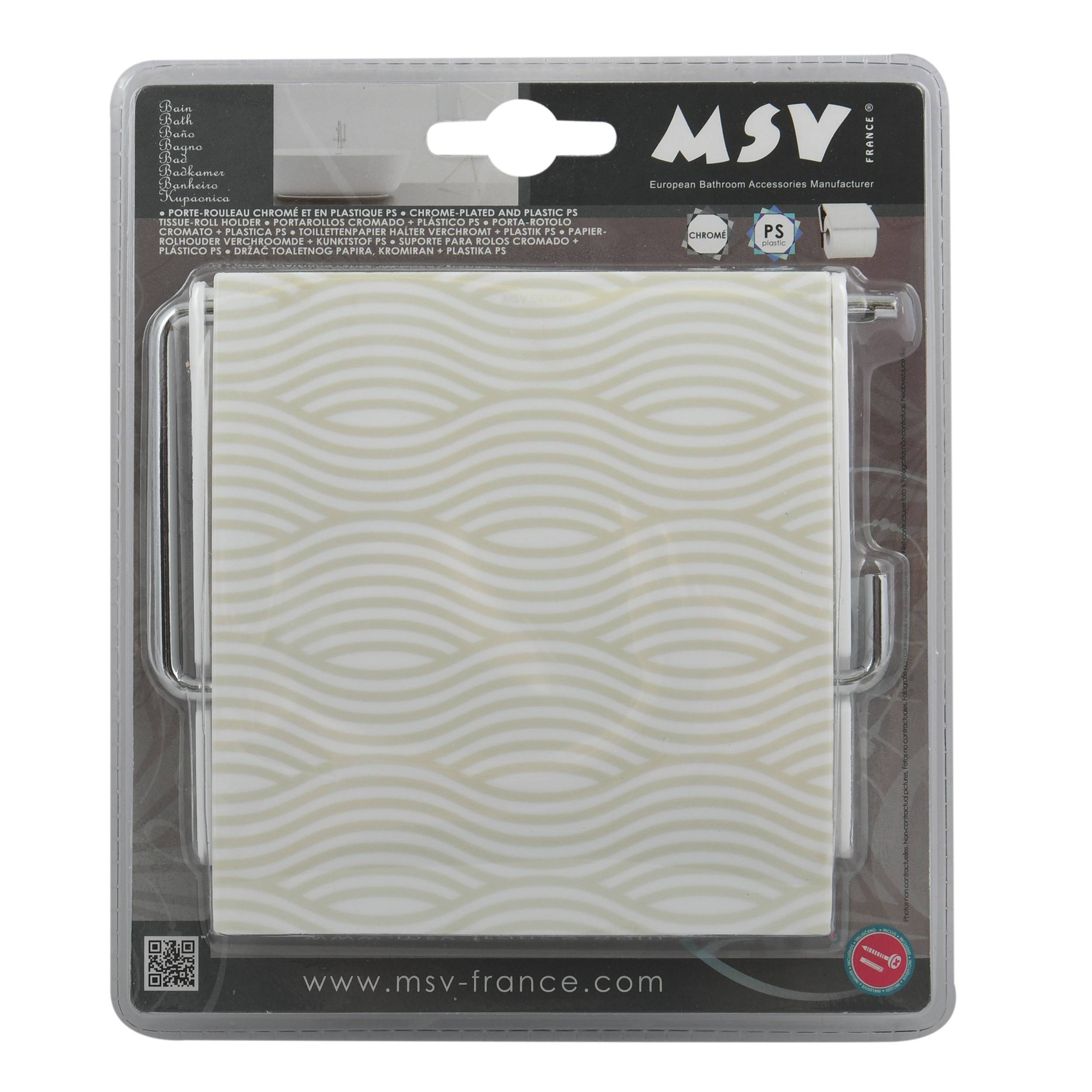 Verpackte MSV verchromte Kunststoff-Badezimmeraccessoires mit weißem welligem Musterpaneel, in Einzelhandels-Blisterverpackung gezeigt.