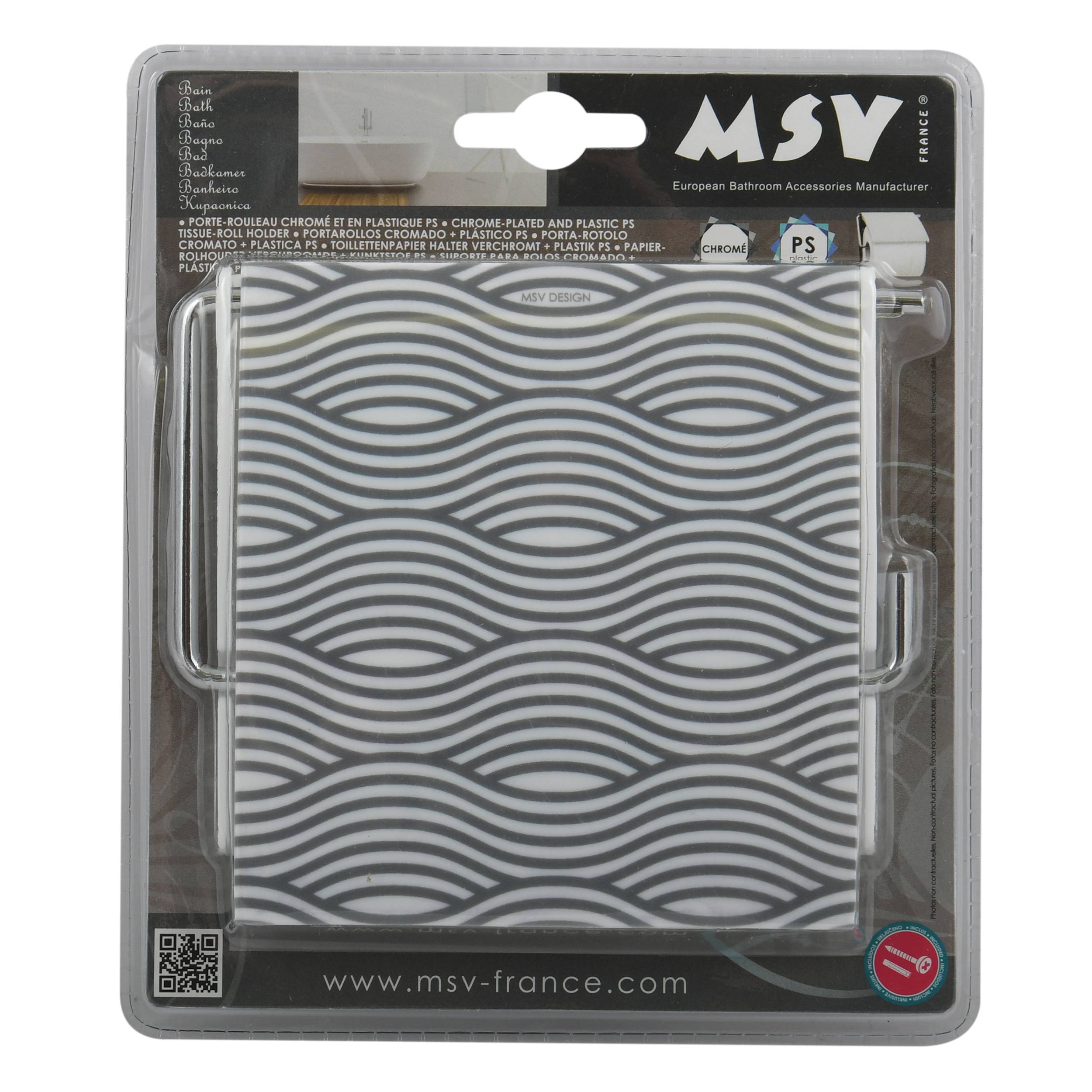 Verpacktes MSV-Badezimmerzubehör mit schwarzweißem Wellenmuster-Design in einer klaren Kunststoff-Blisterverpackung.
