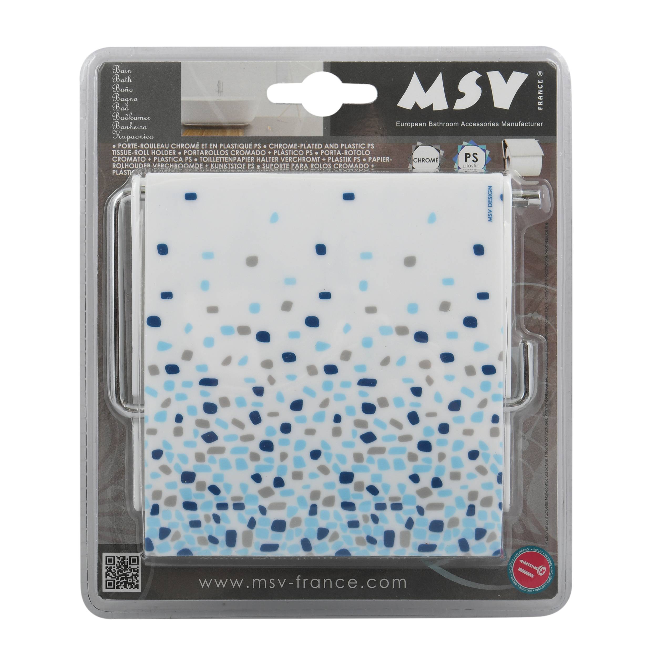 Verpacktes MSV-Kunststoff-Badezimmerzubehör mit weiß-blauem Sprenkelmuster, gezeigt in Einzelhandels-Blisterverpackung.