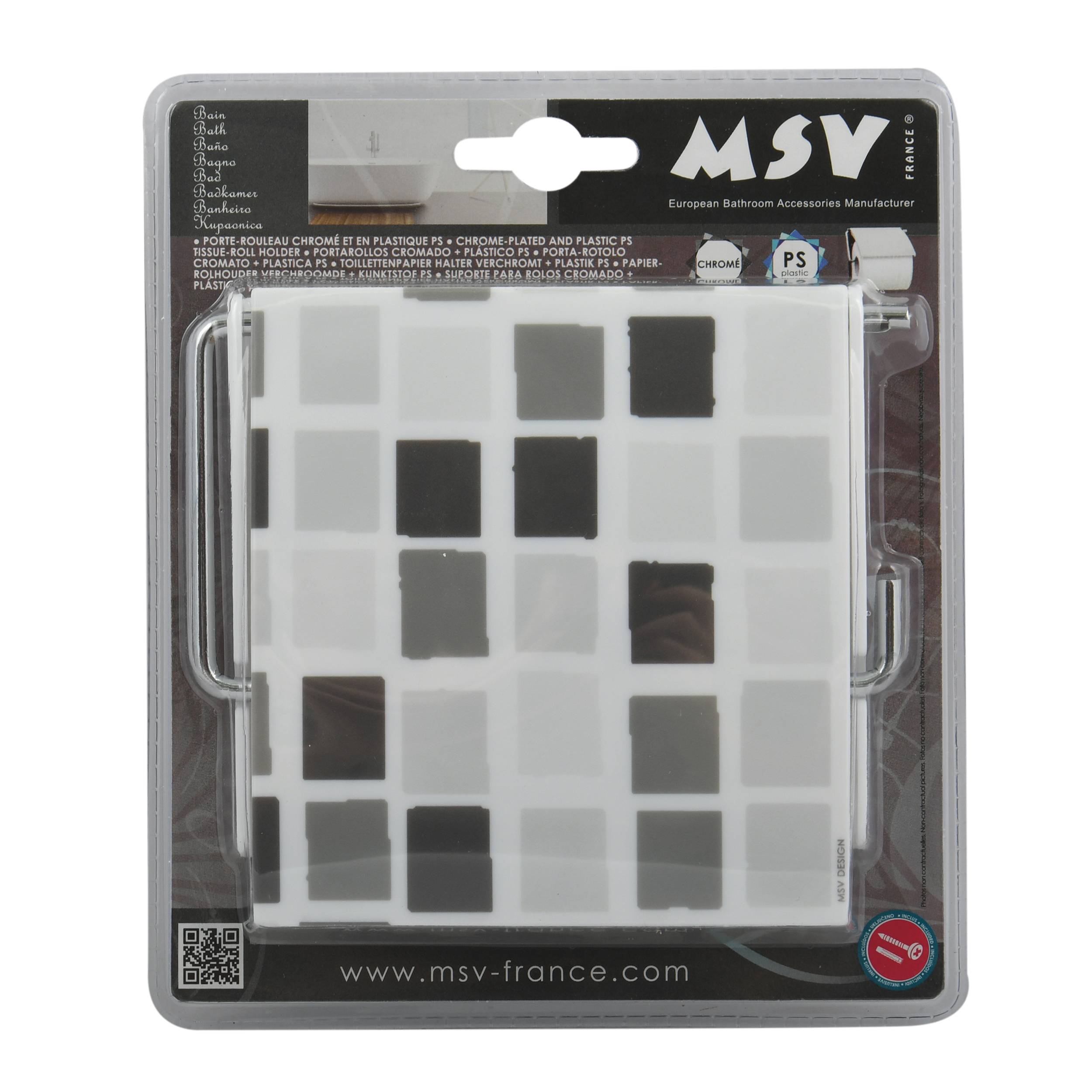 MSV-Markenprodukt für Kunststoff-Toilettenbürsten-Halter mit weiß-grauem quadratischem Musterbezug in Einzelhandelsverpackung.