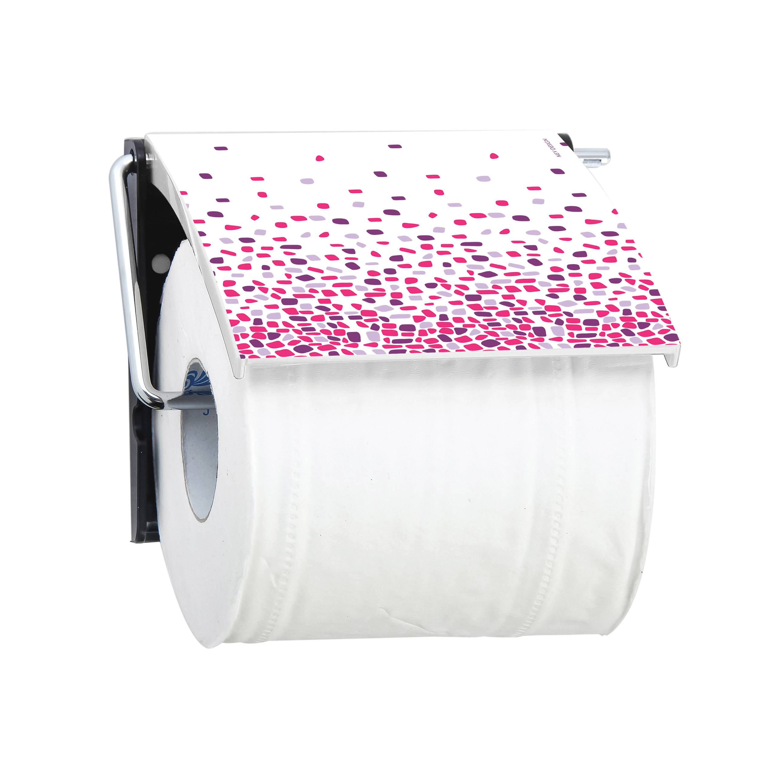 Wandmontierter Toilettenpapierhalter mit einer Rolle und einem klappbaren dekorativen Deckel, bedruckt mit rosa und lila Punkten.