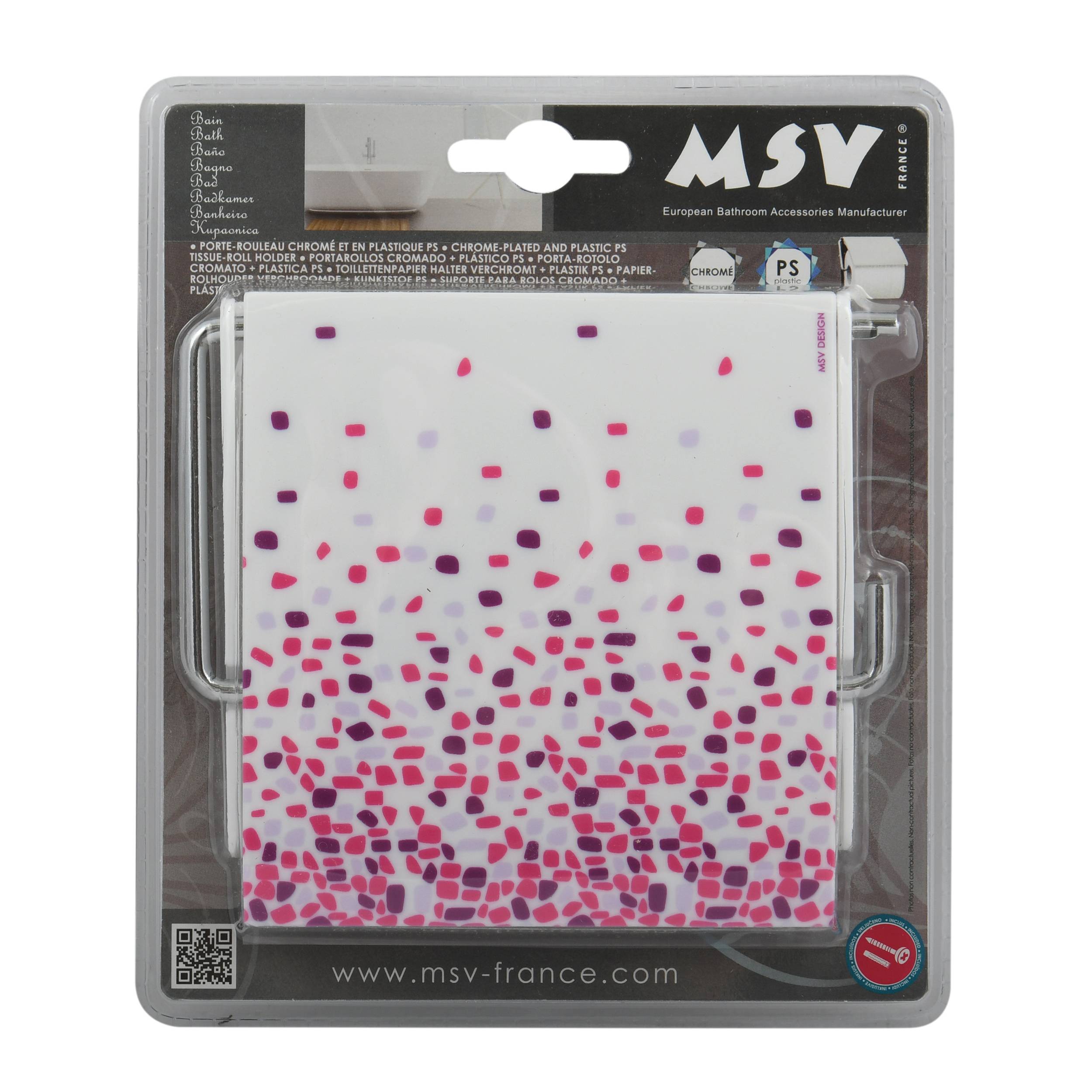 Verpacktes MSV-Badezimmerzubehör mit einem weißen Duschvorhang oder einer Einlage mit rosa- und lilafarbenen konfetti-ähnlichen Punkten.