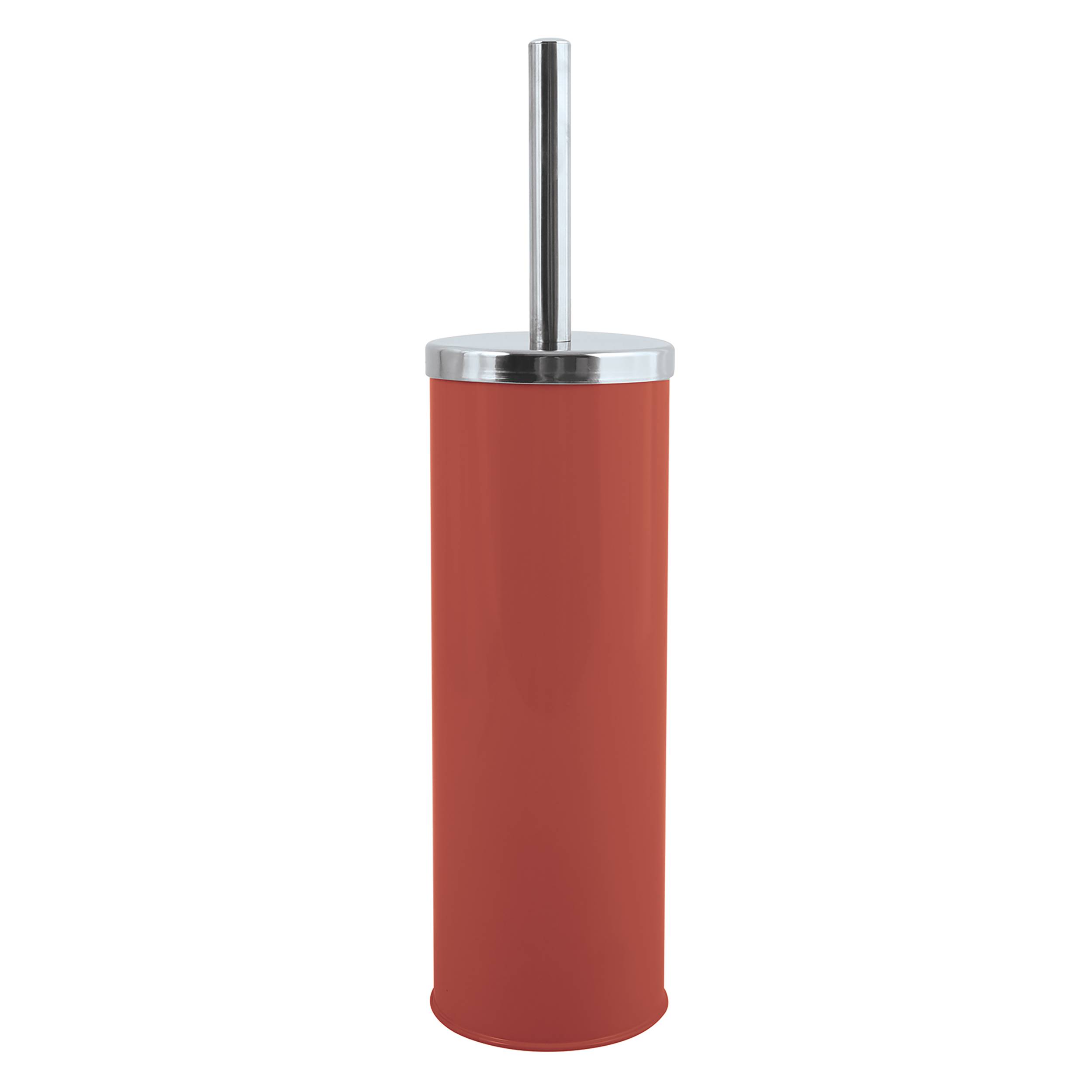 Roter zylindrischer Toilettenbürsten-Behälter mit edelstahlenem Griff auf weißem Hintergrund