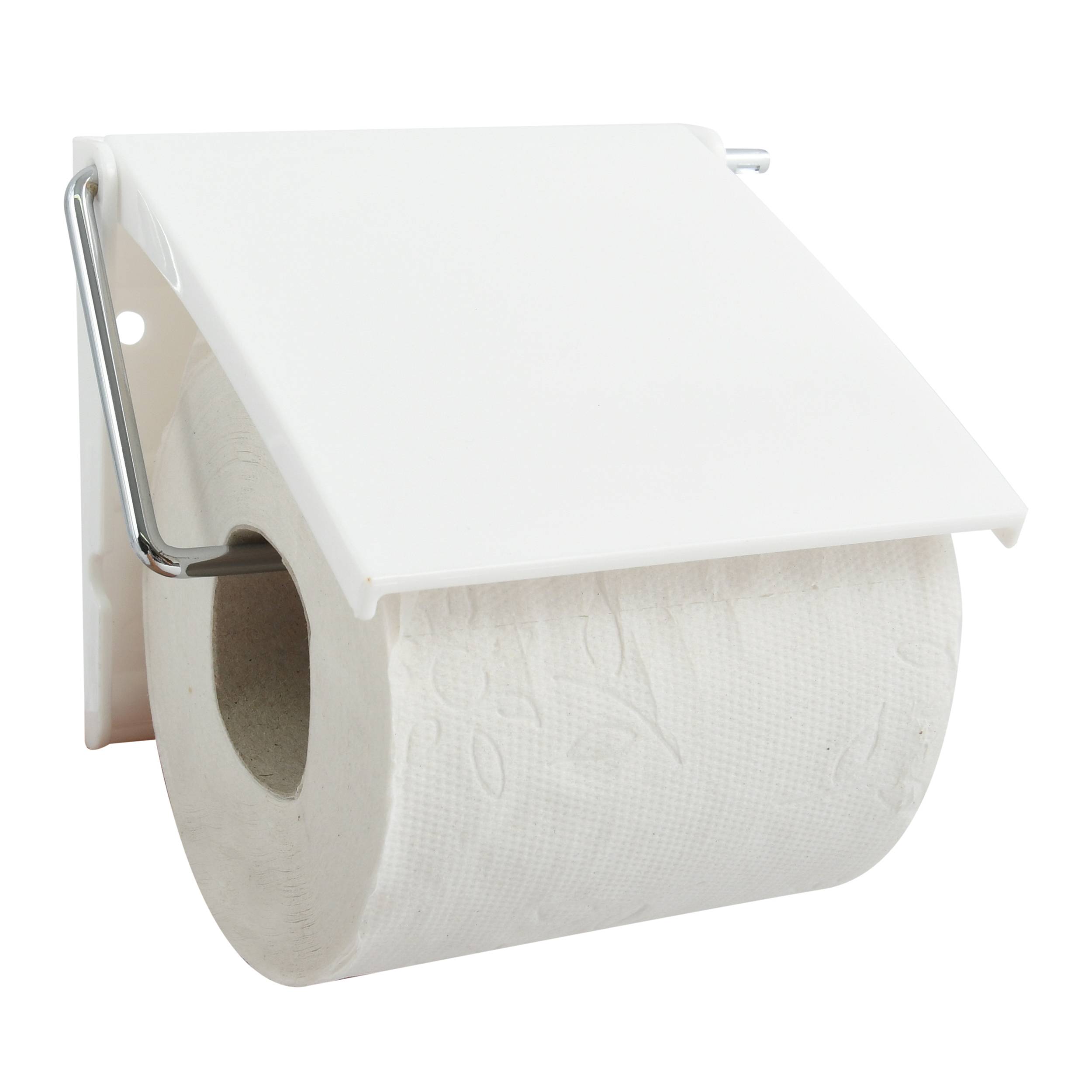 Wandmontierte Toilettenpapierhalterung mit einer Rolle unter einer weißen Abdeckung