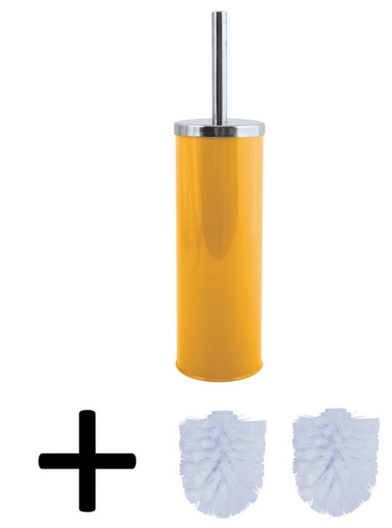 Gelber Toilettenbürsten-Behälter mit Edelstahlgriff, gezeigt mit zwei weißen Ersatzbürsten-Köpfen und einem Pluszeichen, das enthaltenes Zubehör anzeigt.