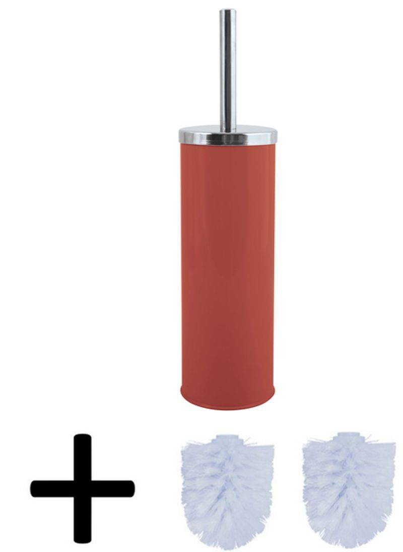 Rote Toilettenbürste mit Metallgriff plus zwei weiße Ersatzbürstenköpfe.