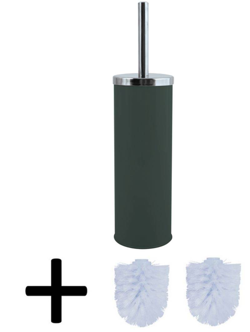 Toilettenbürsten-Halter mit dunkelgrüner zylindrischer Basis, Chromgriff und zwei darunter gezeigten weißen Ersatzbürsten-Köpfen.
