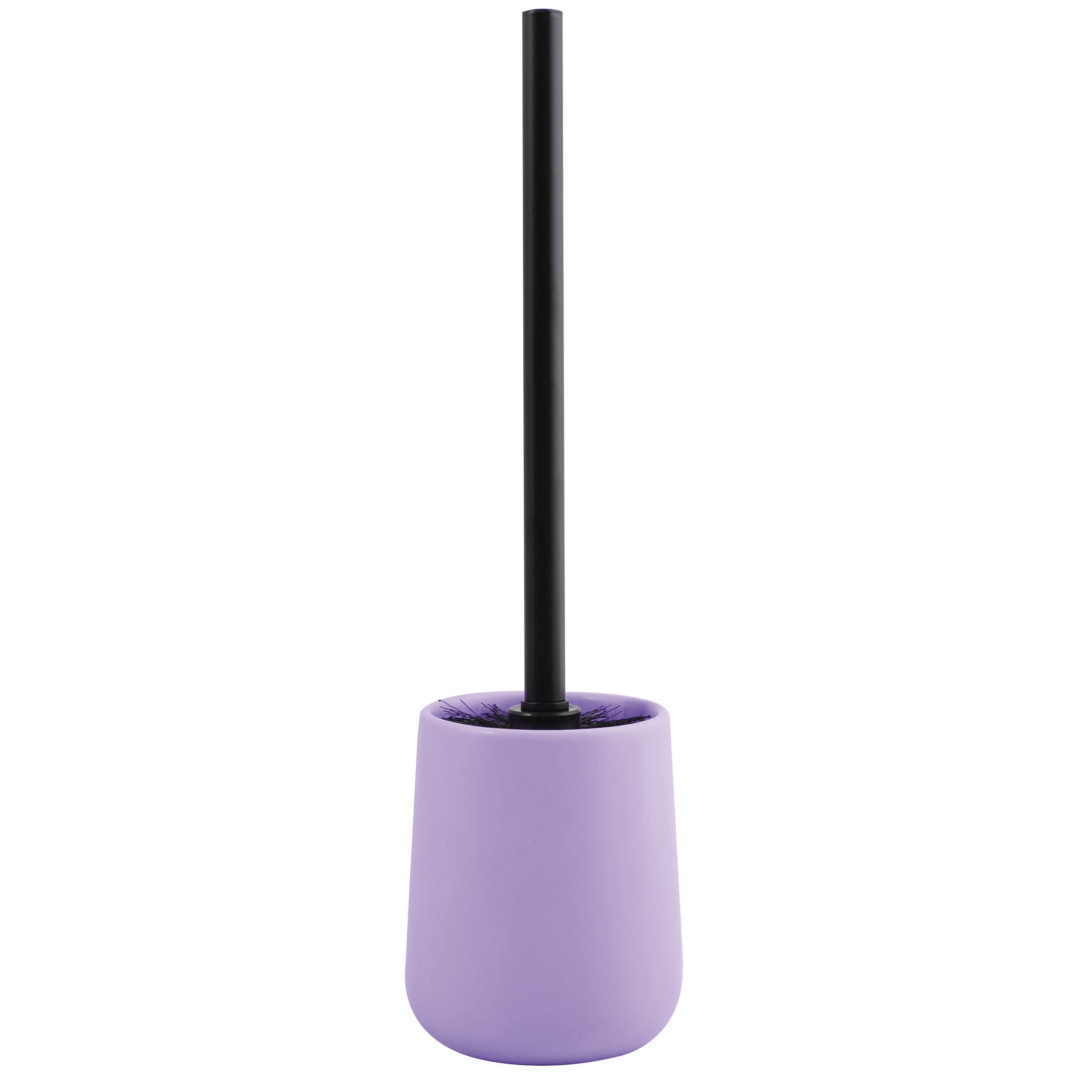 Ein violetter Toilettenbürsten-Halter mit schwarzem Griff, der aufrecht auf weißem Hintergrund steht.