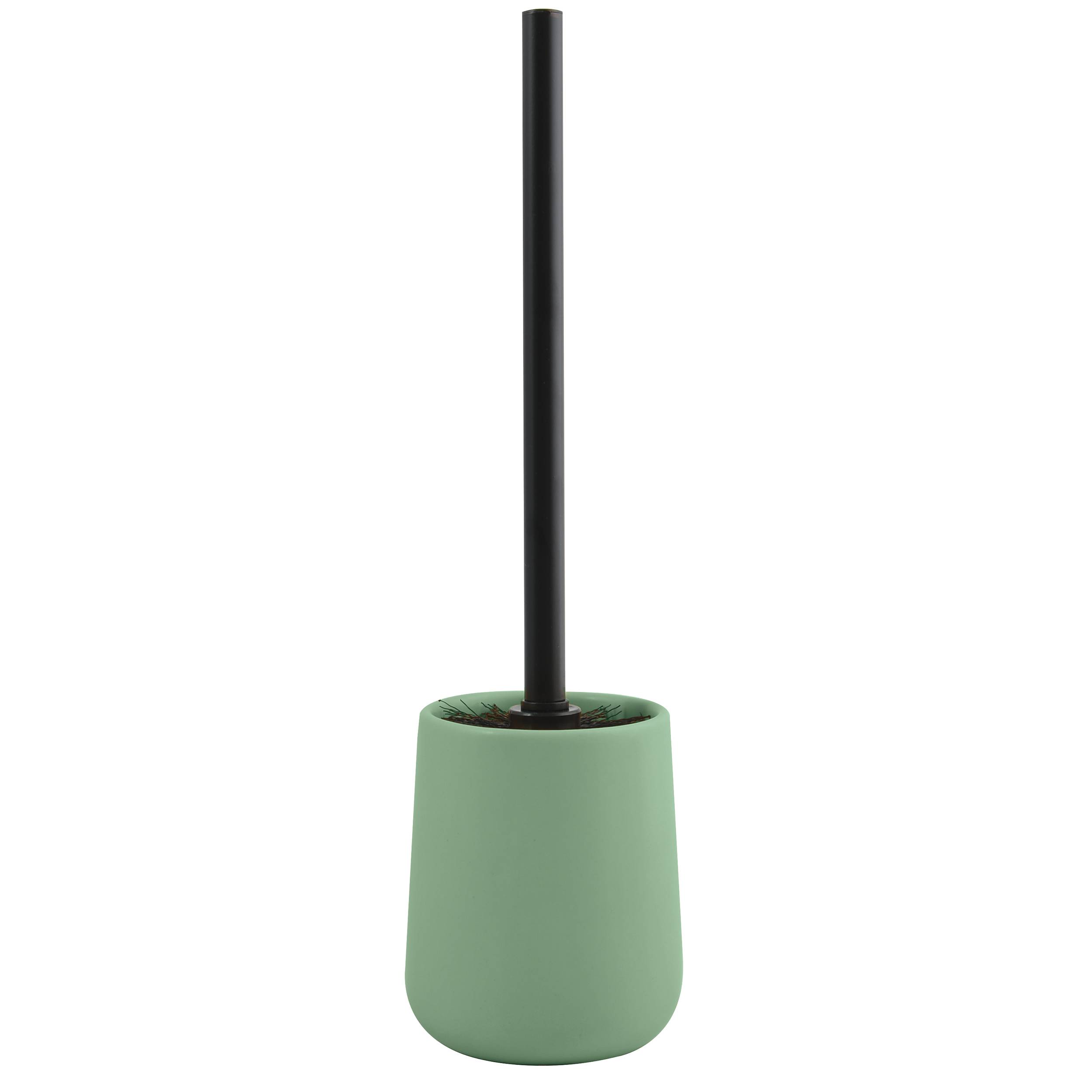 Grüner Toilettenbürstenhalter mit schwarzem Griff, dargestellt vor einem einfachen weißen Hintergrund.