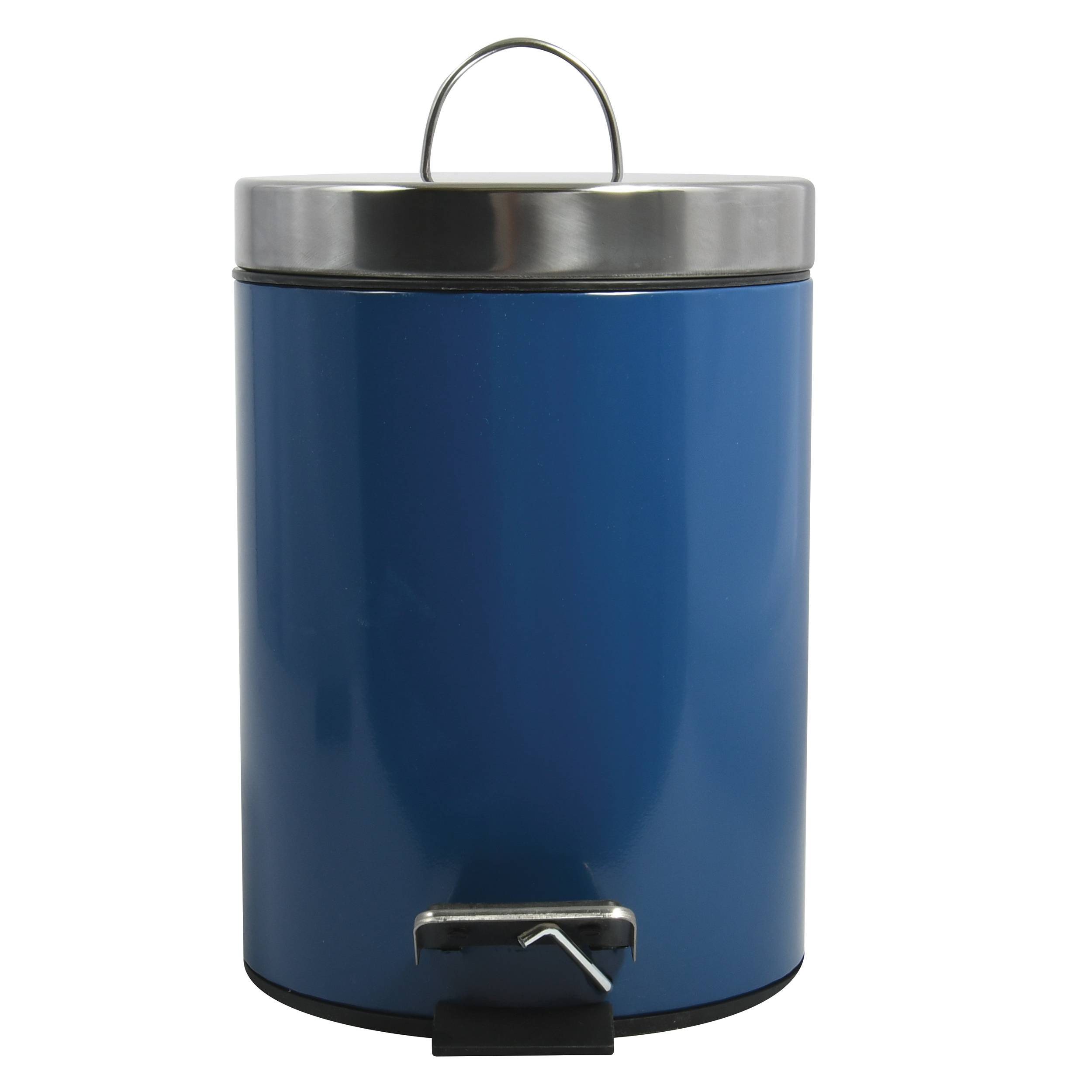 Blauer Metall-Trittmülleimer mit Edelstahldeckel und Fußpedal, dargestellt auf weißem Hintergrund.