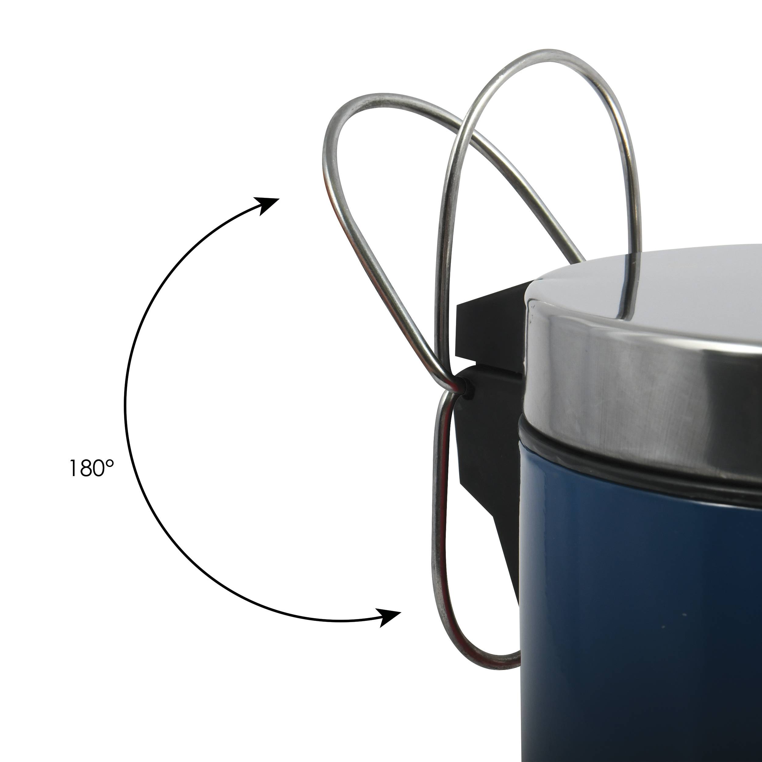 Nahaufnahme eines um 180° drehbaren Metallgriffs, der an einem blauen Behälter oder Topfdeckel befestigt ist, dargestellt mit Pfeilen, die seinen Schwenkbereich anzeigen.