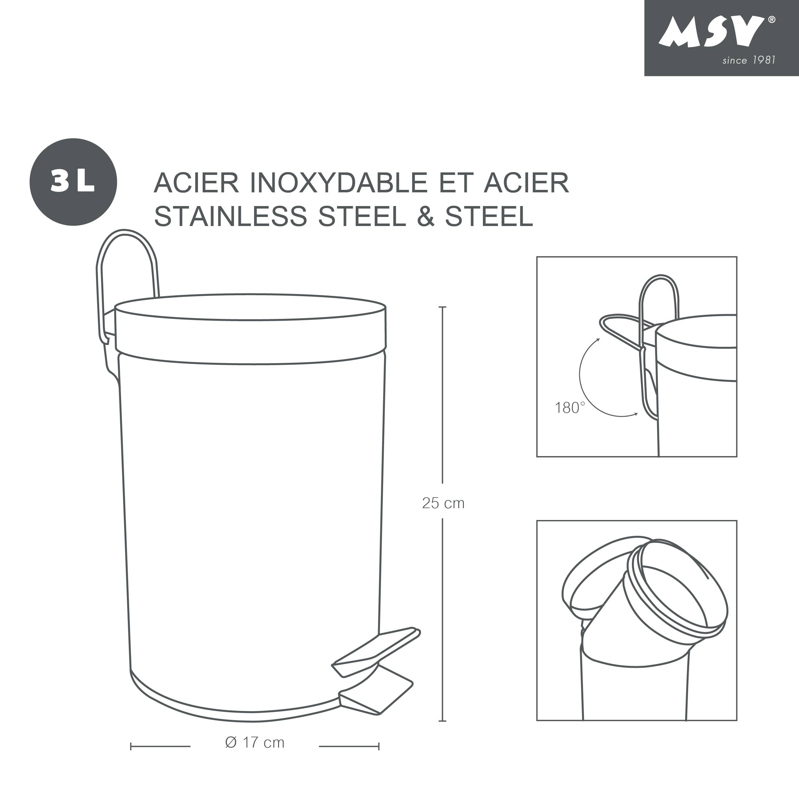 Diagramm eines 3-Liter-Edelstahlmülleimers mit Fußpedalen, das die Abmessungen 25 cm Höhe und 17 cm Durchmesser sowie eine 180°-Deckelöffnungsdetail zeigt.
