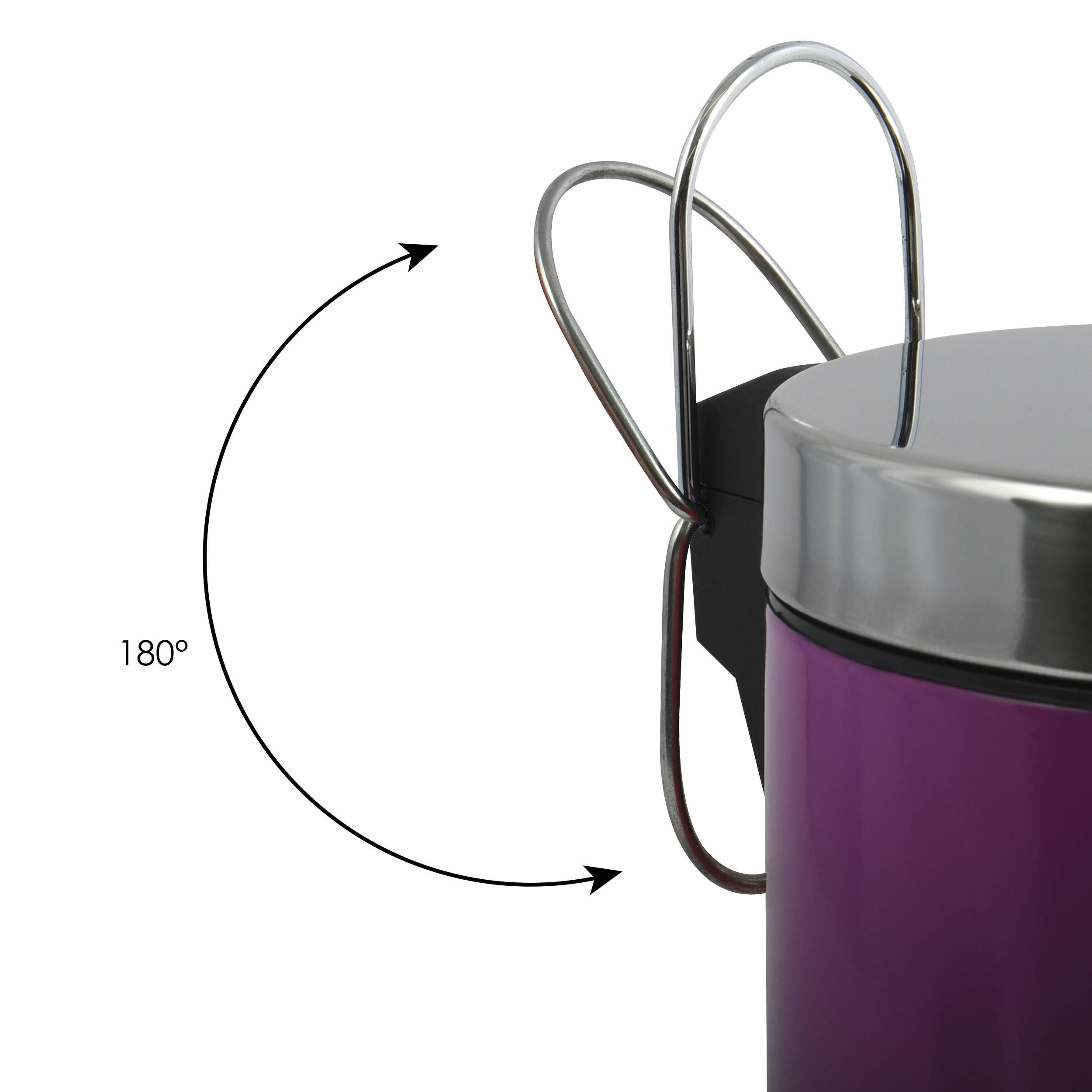 Nahaufnahme eines violetten Metallbehälters mit einem Drahtgriff, um 180 Grad gedreht, gezeigt mit gekrümmten Pfeilen, die den Schwenkbereich des Griffs anzeigen.