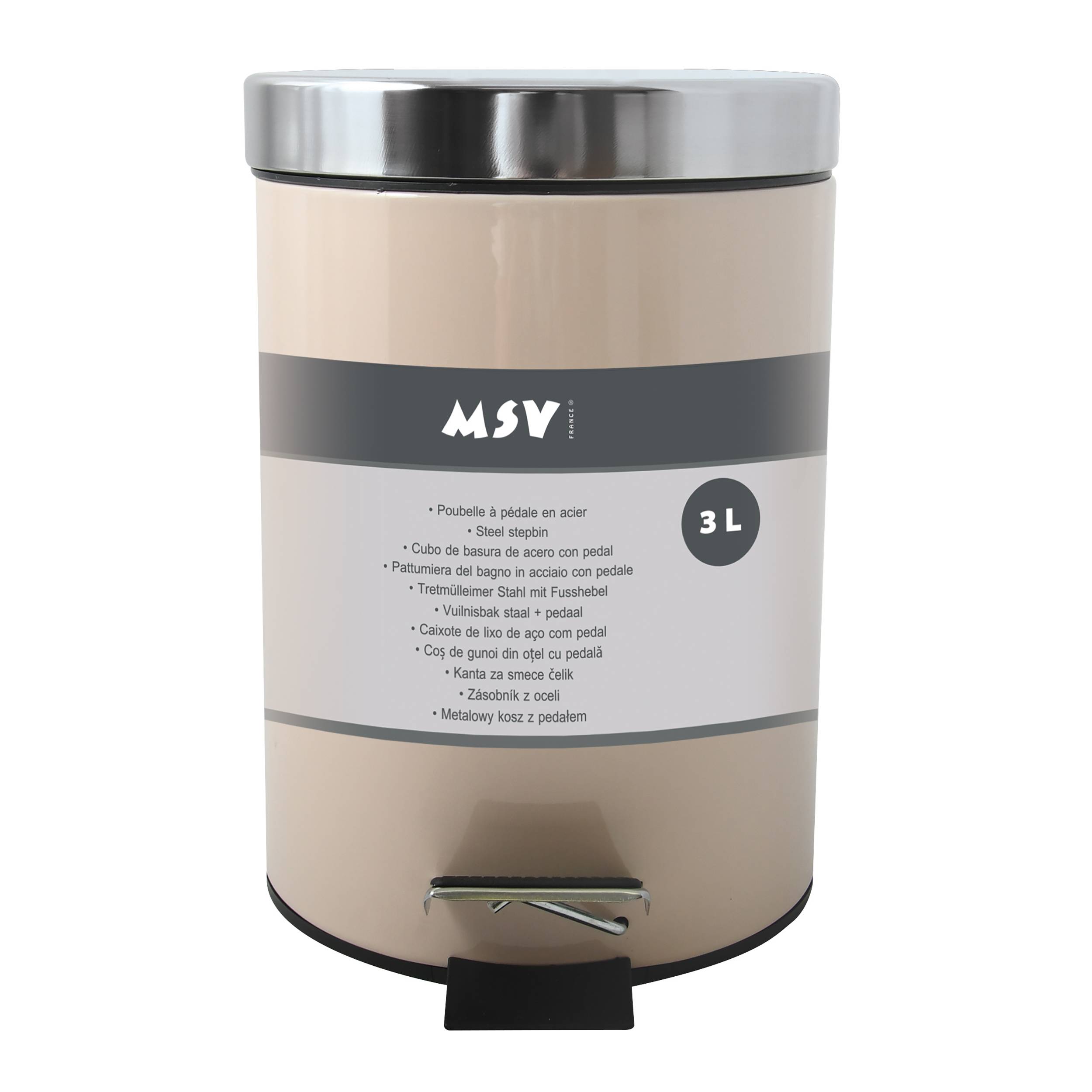 Beige 3-Liter-Stahltreteimer von MSV mit silbernem Deckel und schwarzem Fußpedal, dargestellt in Frontansicht.