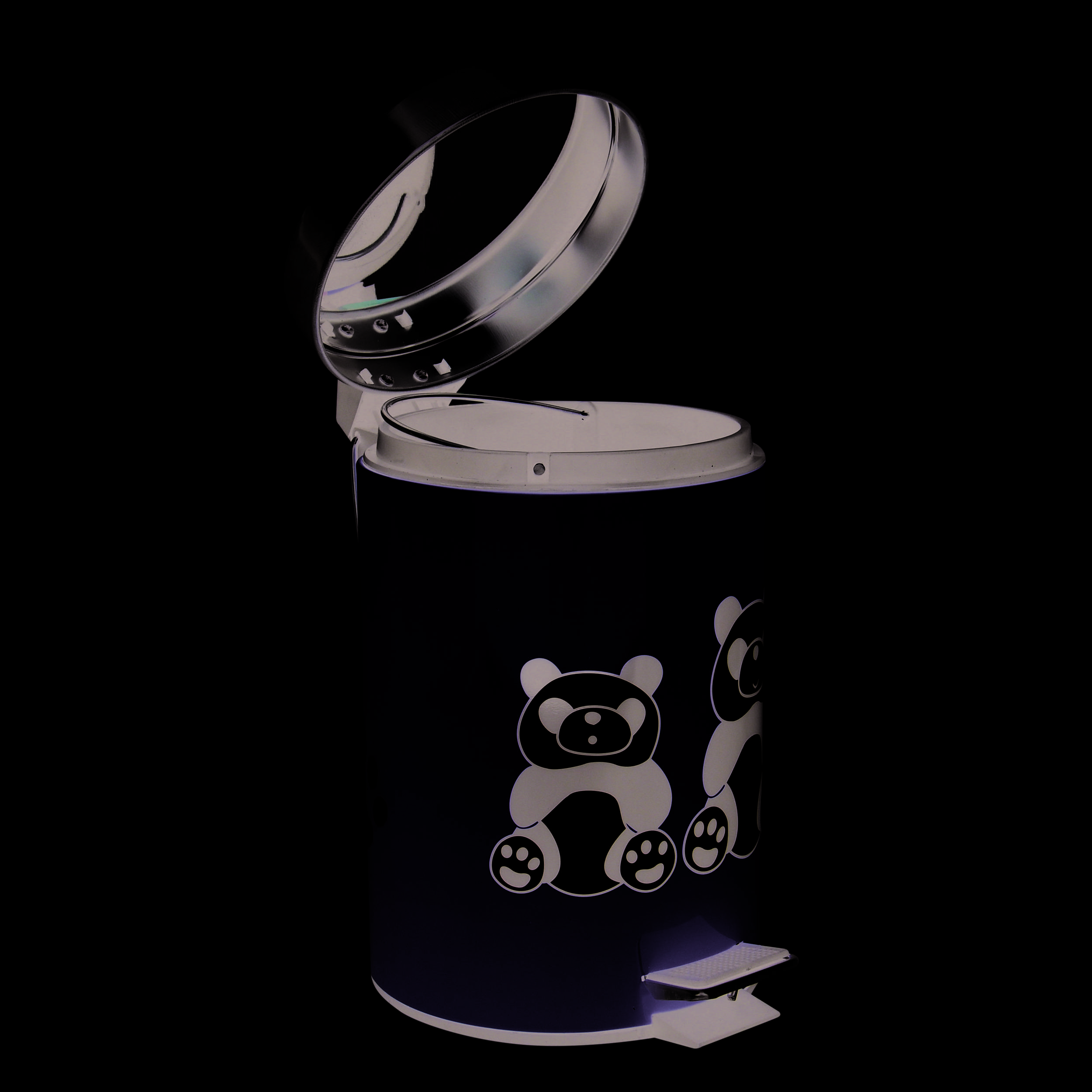 Gelber Tretmülleimer mit Deckel und Panda-Cartoon-Druck auf der Vorderseite