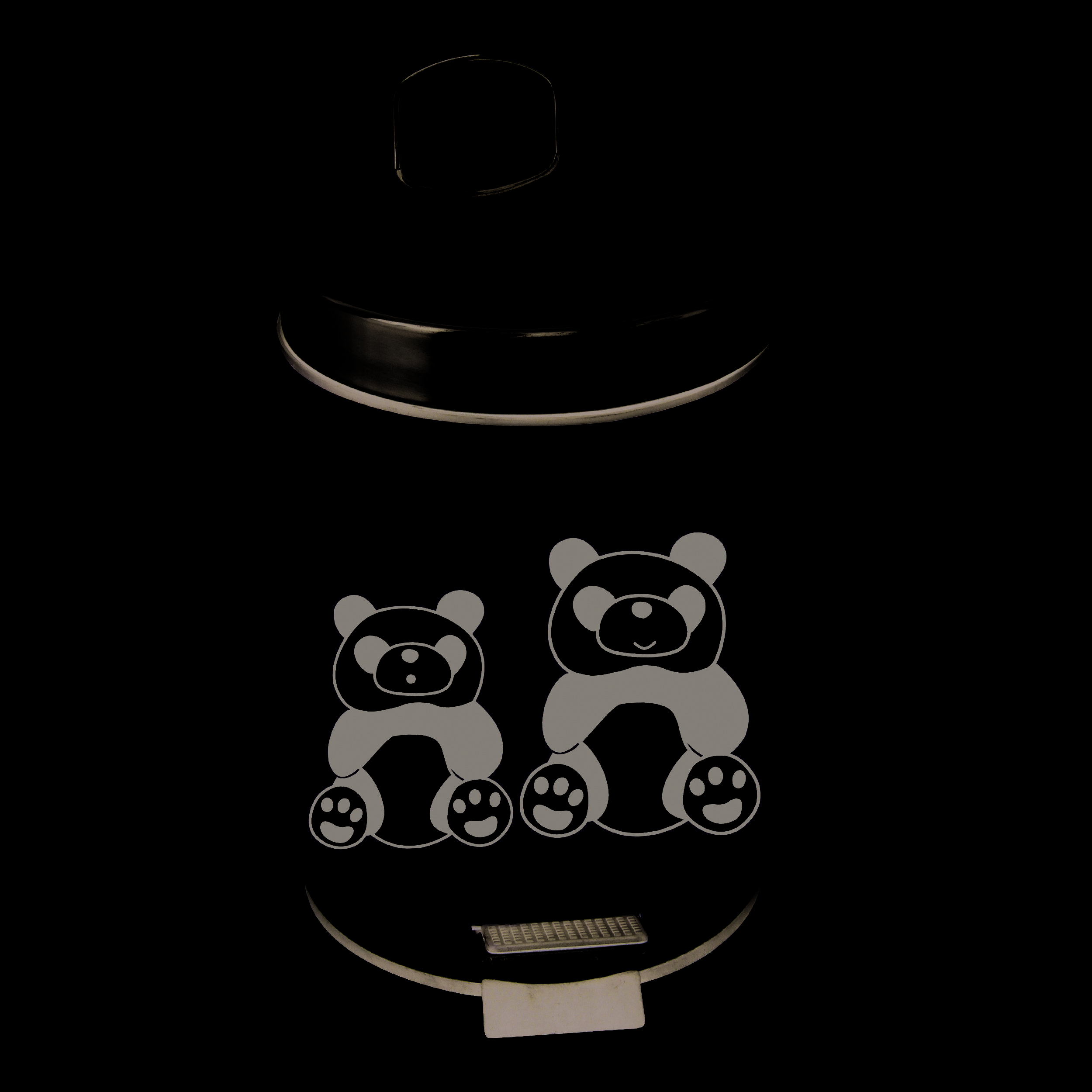 Grüner Tretabfalleimer mit Deckel und zwei Cartoon-Pandas auf der Vorderseite.