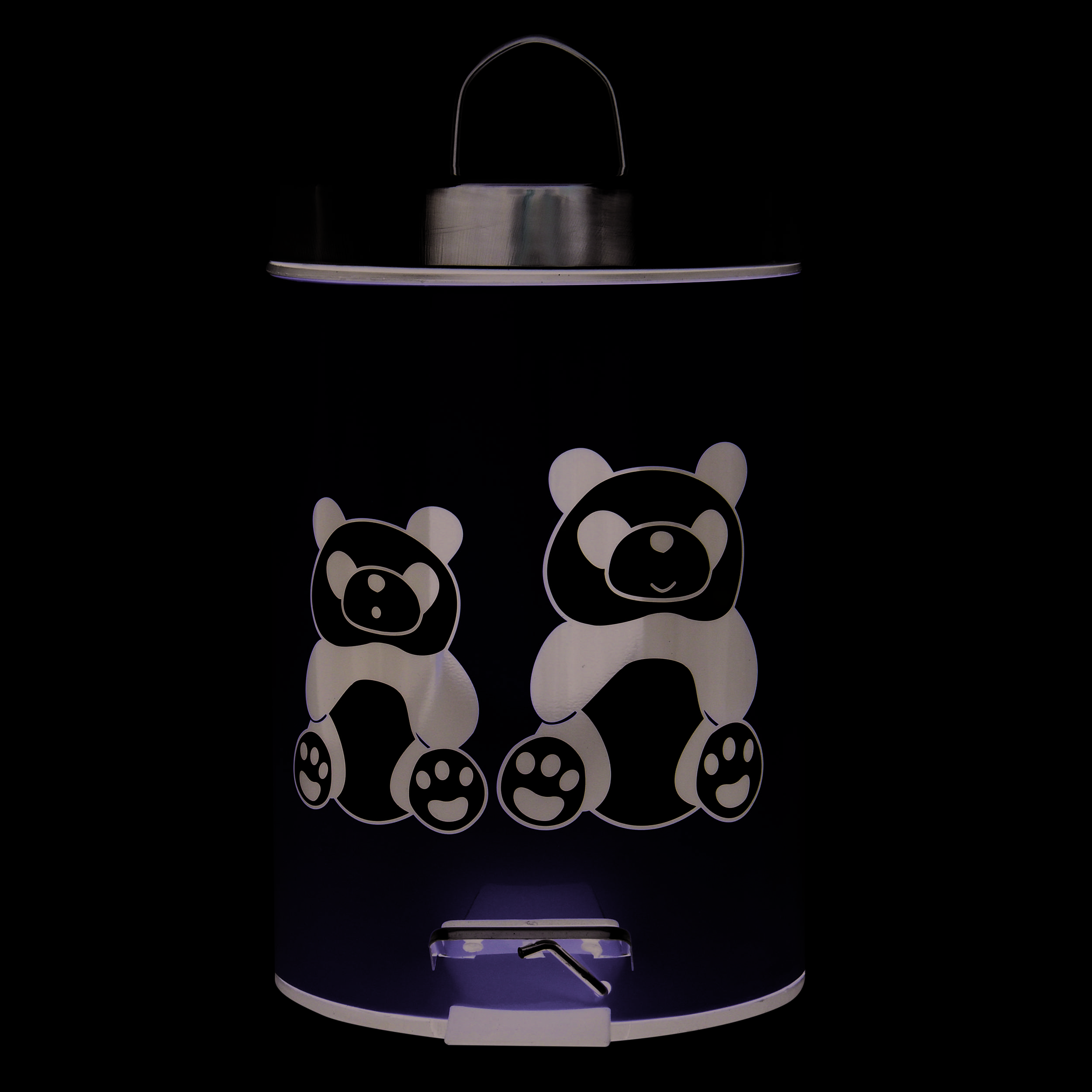Gelber Tretmülleimer mit zwei Cartoon-Pandas auf der Vorderseite und metallischem Deckelgriff