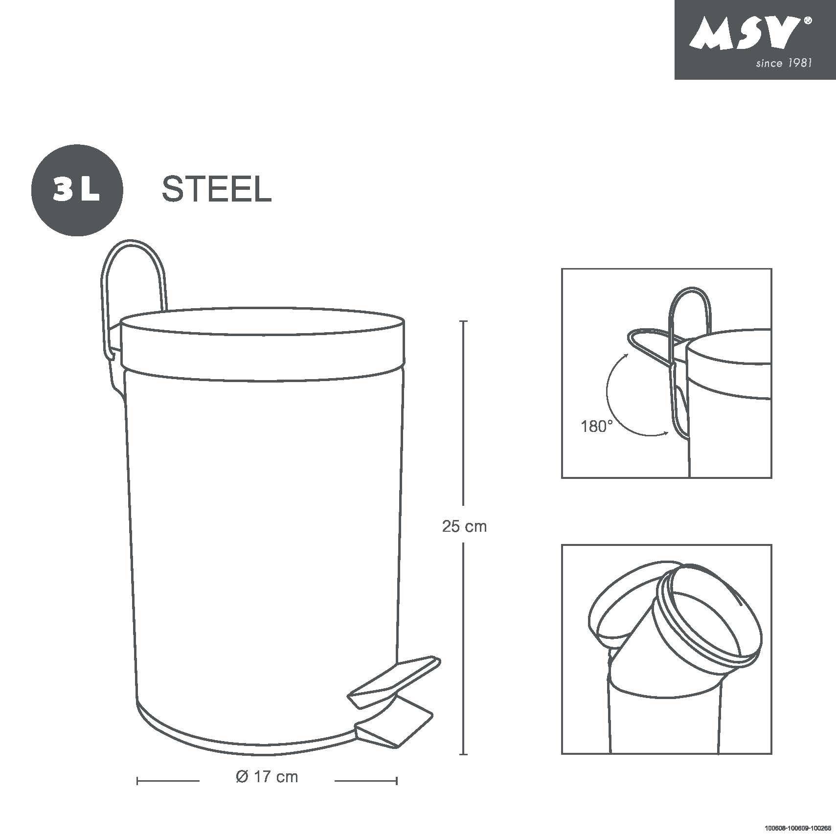 Diagramm eines 3-Liter-Stahleiemers mit Deckel und Fußpedal, das die Abmessungen 25 cm Höhe und 17 cm Breite zeigt, sowie eine Scharnierdrehung von 180°.