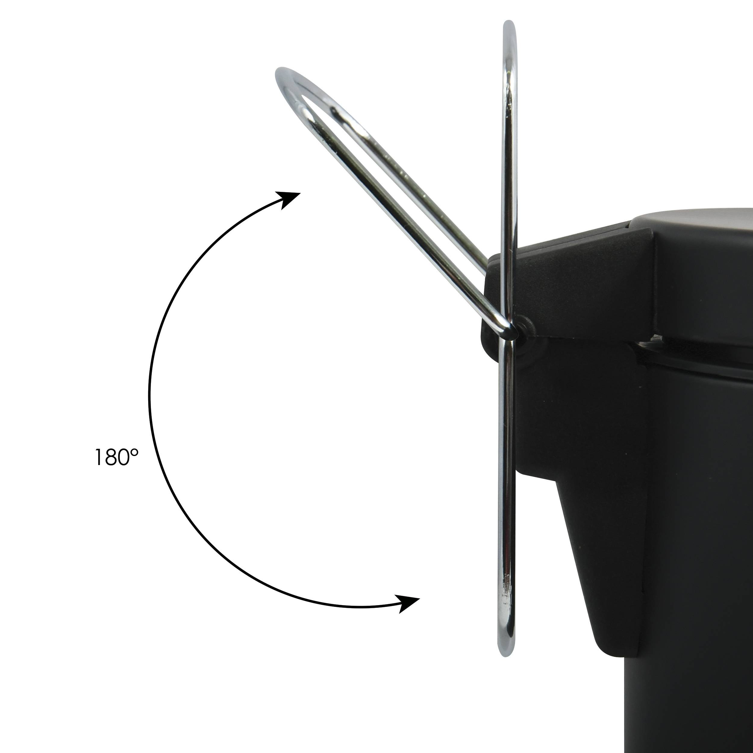 Metallischer Haken oder Ring dreht sich um 180 Grad auf einem schwarzen Gerät, dargestellt mit gekrümmten Pfeilen und der Bezeichnung „180°".